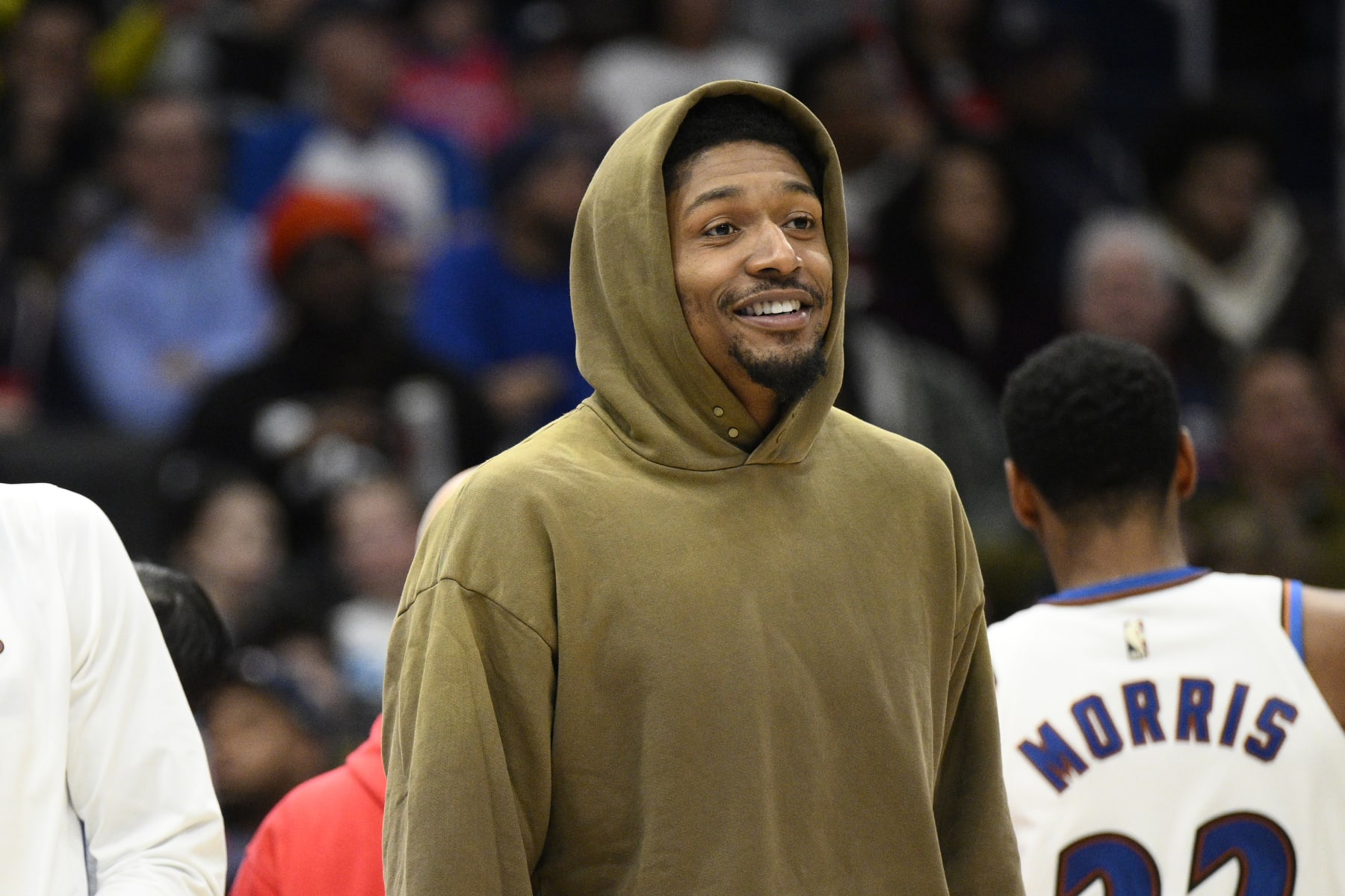 Washington Wizards guard Bradley Beal wears street clothes during a break in the second half of the team's NBA basketball game against the Phoenix Suns, Wednesday, Dec. 28, 2022, in Washington. Beal did not play due to injury. The Wizards won 127-102. (AP Photo/Nick Wass)