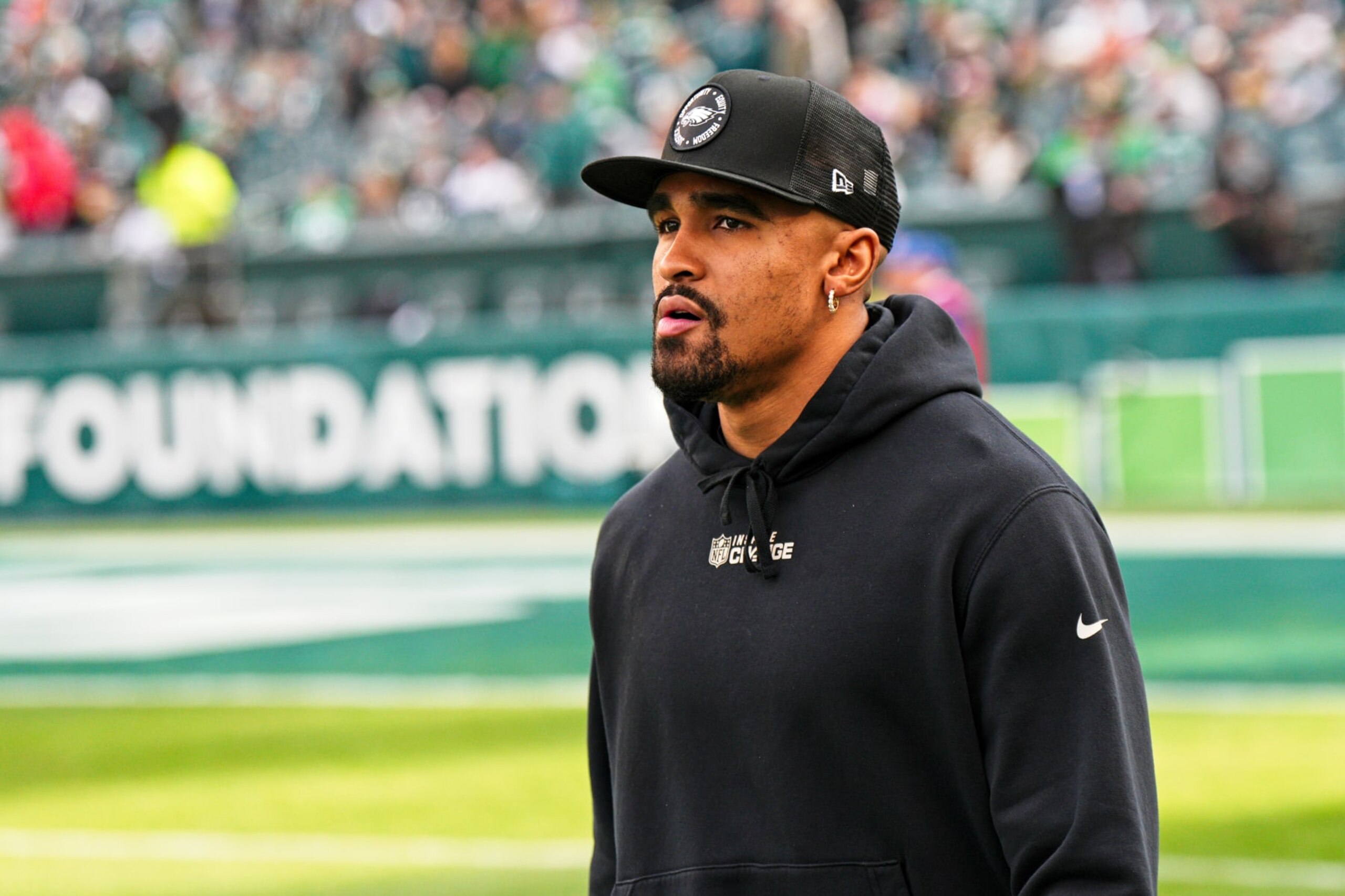 PHILADELPHIA, PA - JANUARY 01: Philadelphia Eagles quarterback Jalen Hurts (1) looks on during the game between the New Orleans Saints and the Philadelphia Eagles on January 1, 2023 at Lincoln Financial Field in Philadelphia, PA. (Photo by Andy Lewis/Icon Sportswire via Getty Images)