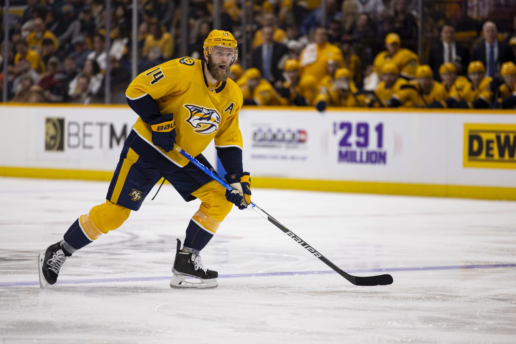 NASHVILLE, TN - JANUARY 03:  Mattias Ekholm #14 of the Nashville Predators skates against the Montreal Canadiens during the third period at Bridgestone Arena on January 3, 2023 in Nashville, Tennessee. Nashville defeats Montreal 6-3. (Photo by Brett Carlsen/Getty Images)
