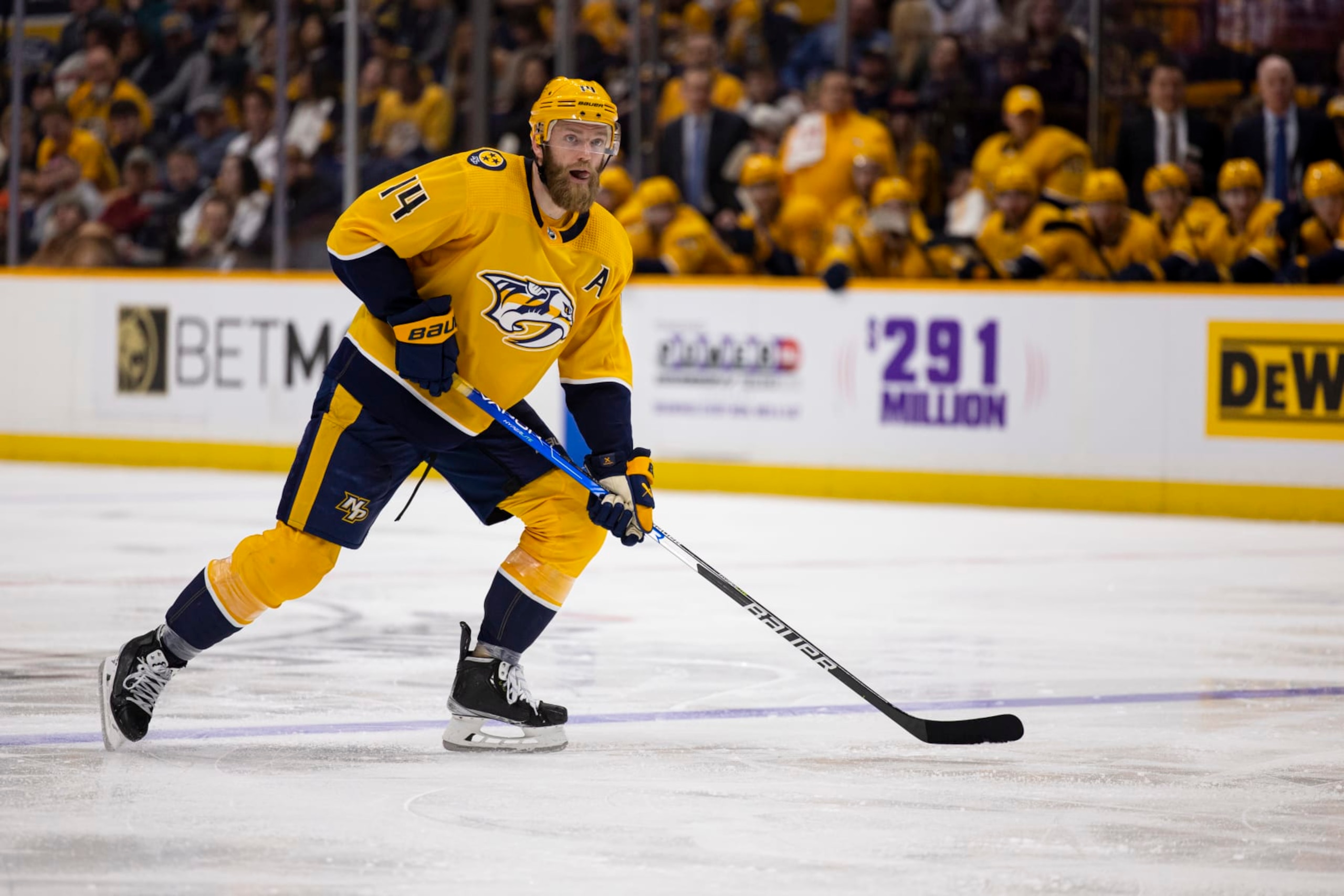 NASHVILLE, TN - JANUARY 03:  Mattias Ekholm #14 of the Nashville Predators skates against the Montreal Canadiens during the third period at Bridgestone Arena on January 3, 2023 in Nashville, Tennessee. Nashville defeats Montreal 6-3. (Photo by Brett Carlsen/Getty Images)