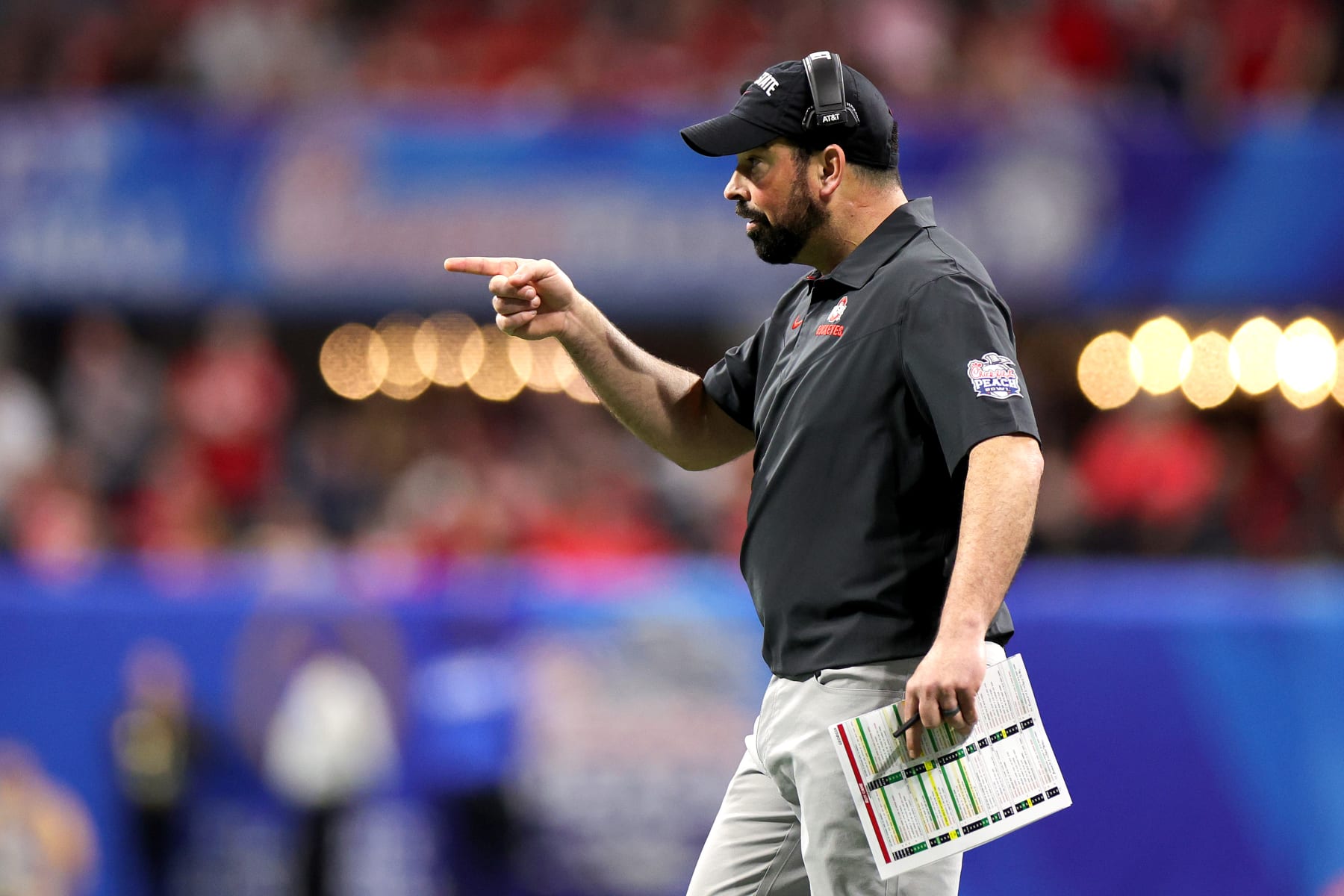 ATLANTA, GEORGIA - DECEMBER 31: Head coach Ryan Day of the Ohio State Buckeyes is seen on the sideline during the first half against the Georgia Bulldogs in the Chick-fil-A Peach Bowl at Mercedes-Benz Stadium on December 31, 2022 in Atlanta, Georgia. (Photo by Carmen Mandato/Getty Images)
