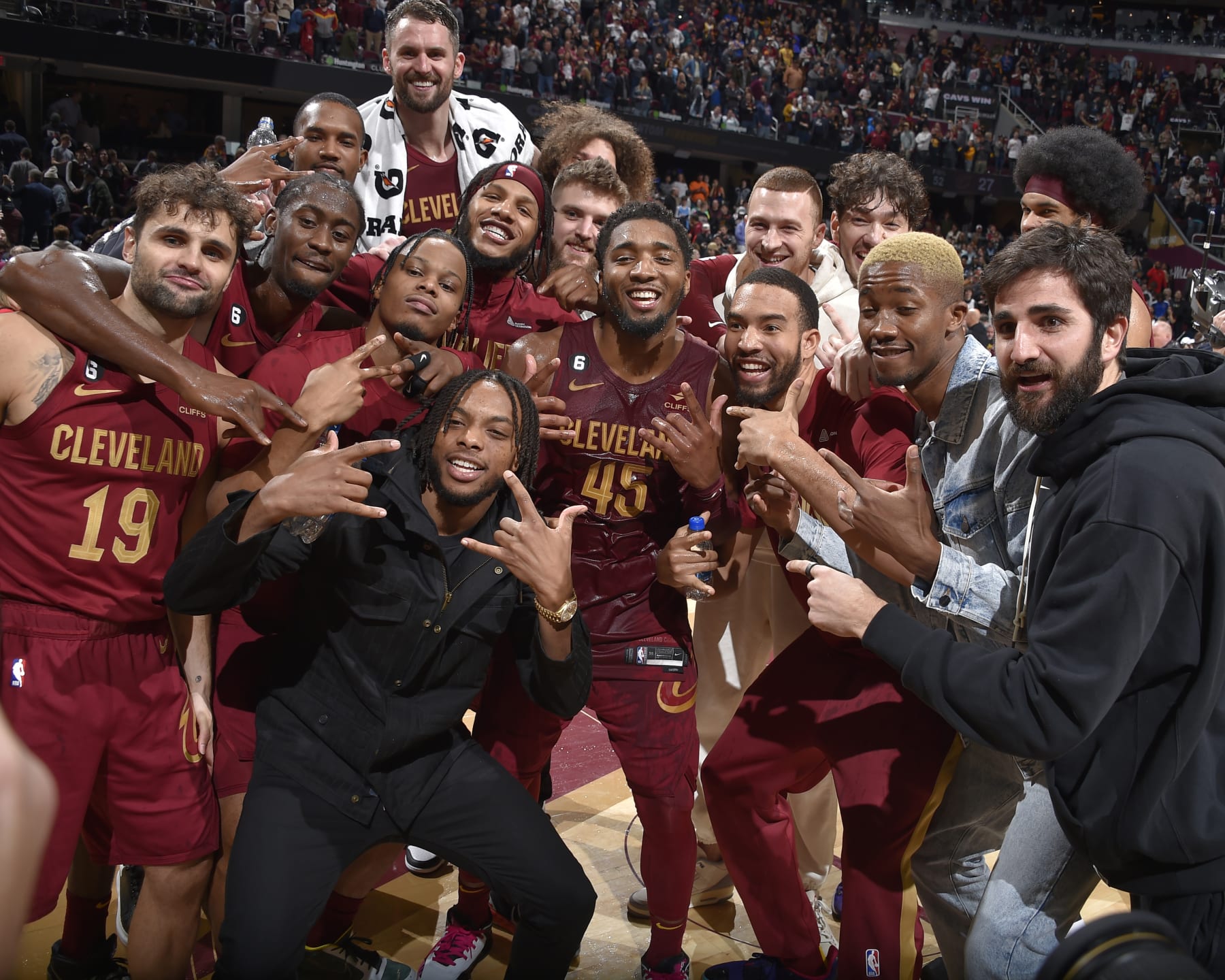 Donovan Mitchell celebrates his 71-point performance with his Cleveland Cavaliers teammates.