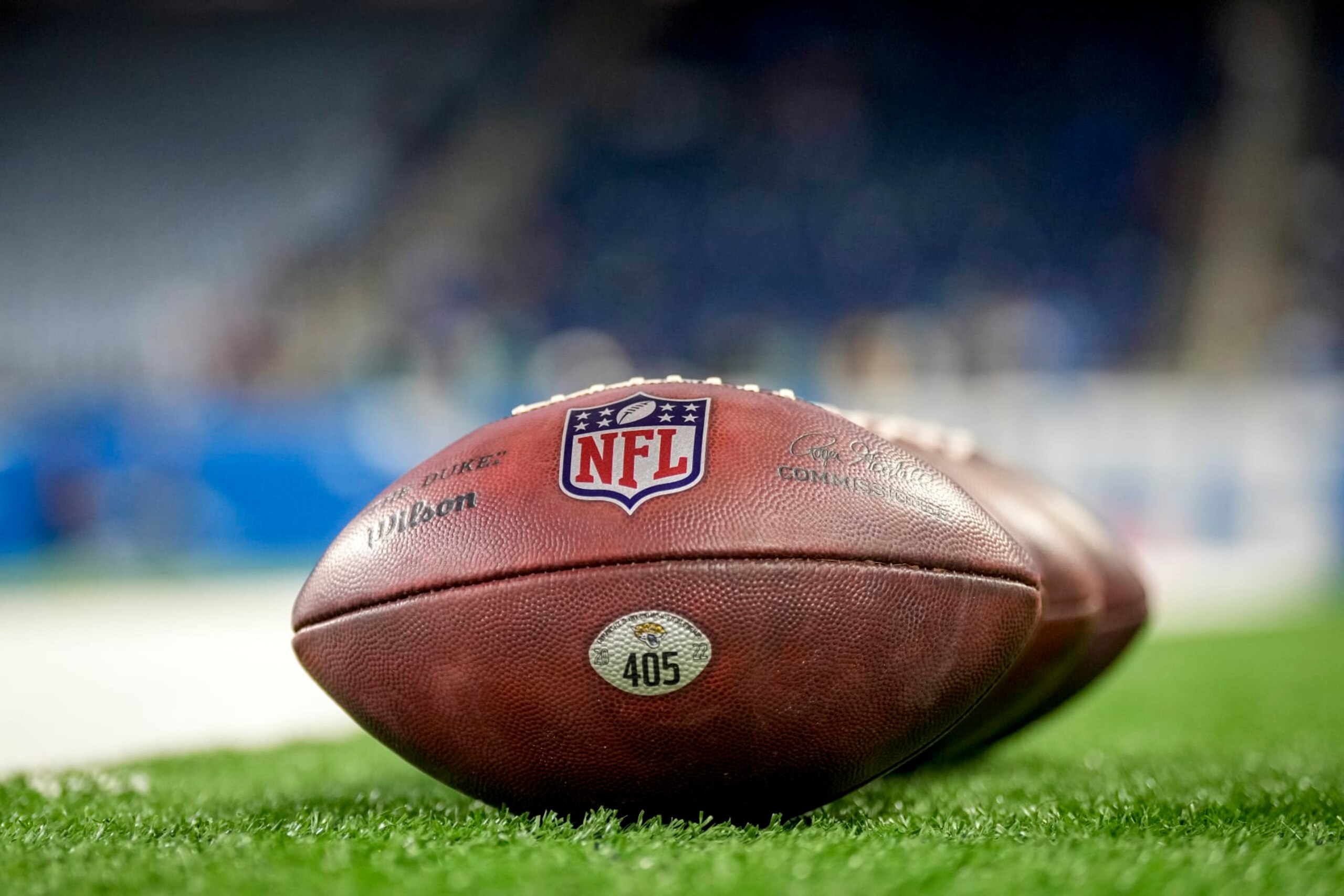 DETROIT, MICHIGAN - DECEMBER 04: Wilson brand footballs are pictured with the NFL logo before the game between the Detroit Lions and Jacksonville Jaguars at Ford Field on December 04, 2022 in Detroit, Michigan. (Photo by Nic Antaya/Getty Images)