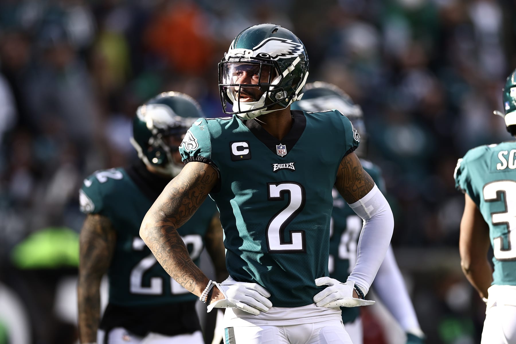 PHILADELPHIA, PENNSYLVANIA - JANUARY 01: Darius Slay #2 of the Philadelphia Eagles looks on against the New Orleans Saints during the second quarter at Lincoln Financial Field on January 01, 2023 in Philadelphia, Pennsylvania. (Photo by Tim Nwachukwu/Getty Images)