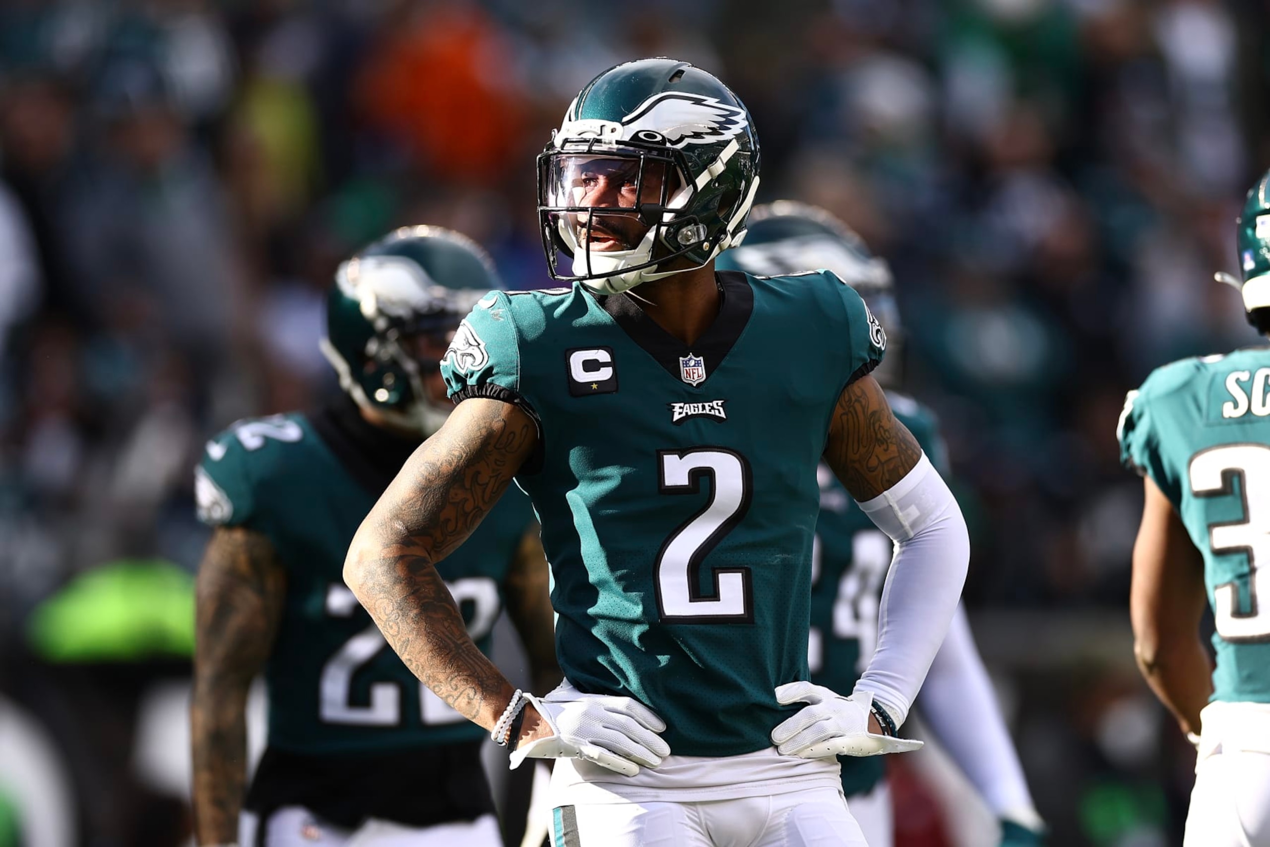 PHILADELPHIA, PENNSYLVANIA - JANUARY 01: Darius Slay #2 of the Philadelphia Eagles looks on against the New Orleans Saints during the second quarter at Lincoln Financial Field on January 01, 2023 in Philadelphia, Pennsylvania. (Photo by Tim Nwachukwu/Getty Images)