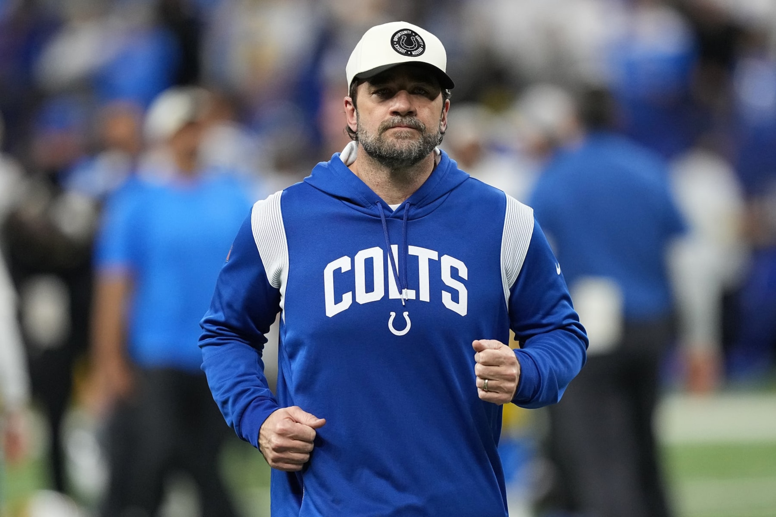 INDIANAPOLIS, INDIANA - DECEMBER 26: Head coach Jeff Saturday of the Indianapolis Colts walks off the field after losing to the Los Angeles Chargers at Lucas Oil Stadium on December 26, 2022 in Indianapolis, Indiana. (Photo by Dylan Buell/Getty Images)