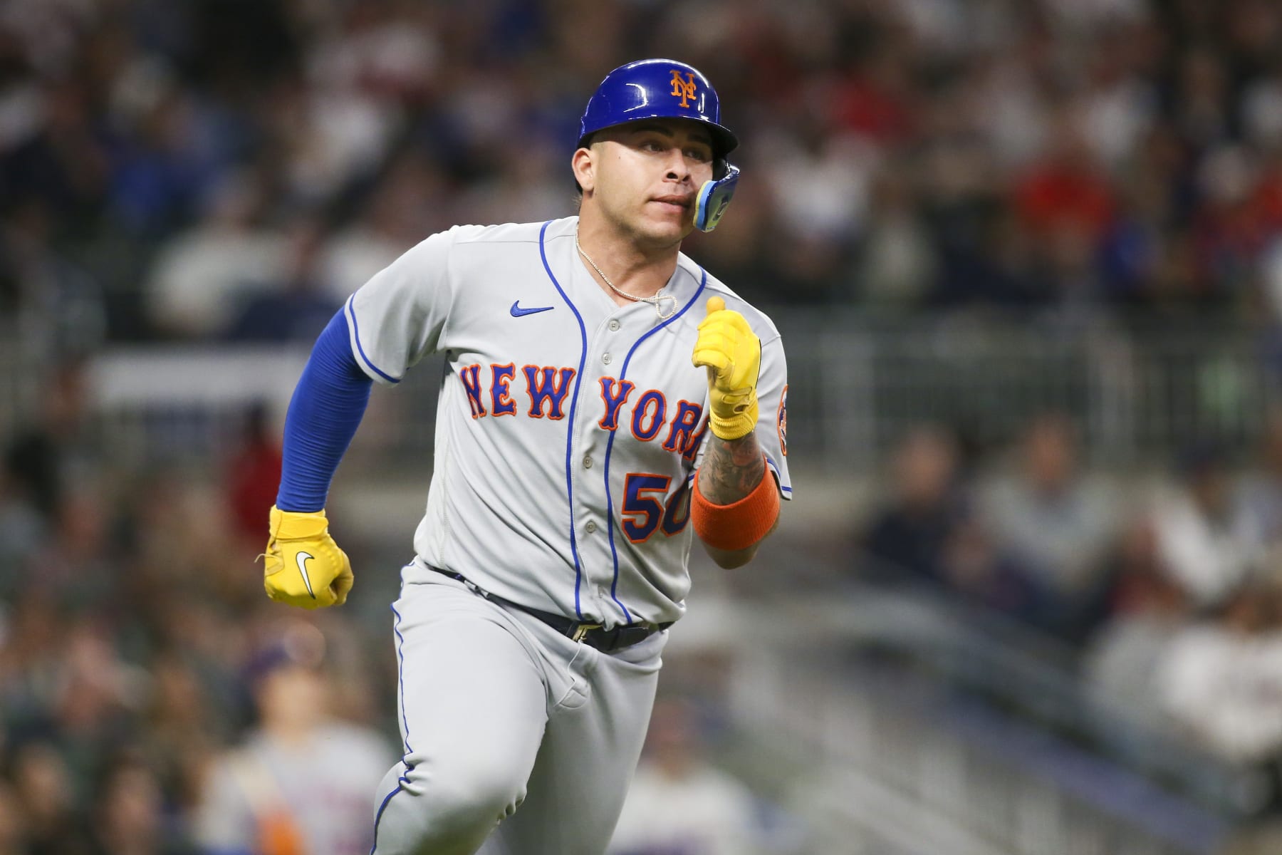 New York Mets designated hitter Francisco Alvarez (50) bats in the sixth inning of a baseball game against the Atlanta Braves, Saturday, Oct. 1, 2022, in Atlanta. (AP Photo/Brett Davis)