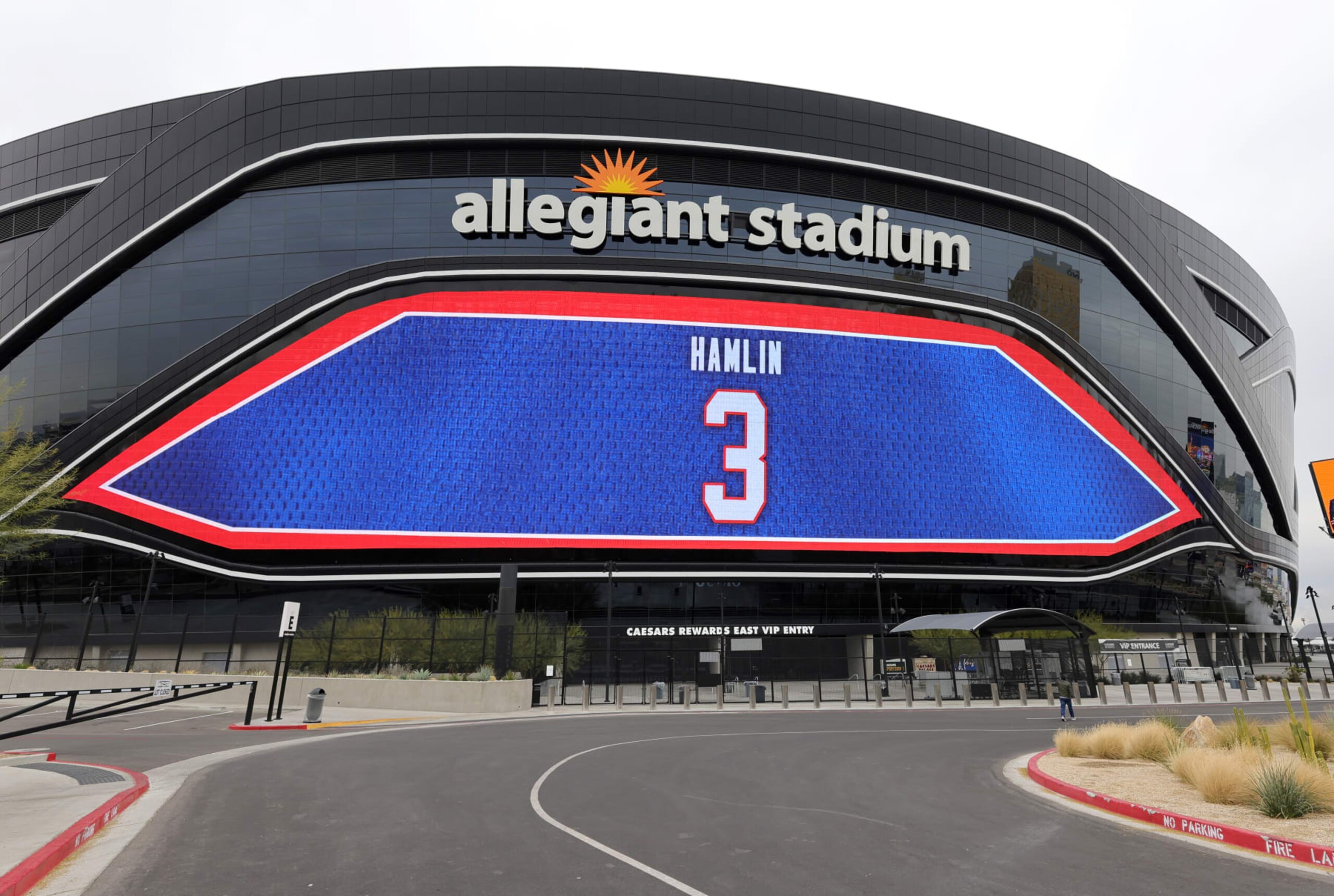 LAS VEGAS, NEVADA - JANUARY 04: A video board at Allegiant Stadium, home of the Las Vegas Raiders, displays a show of support for Buffalo Bills player Damar Hamlin who suffered cardiac arrest after making a tackle during Monday night's football game against the Cincinnati Bengals on January 04, 2023 in Las Vegas, Nevada. (Photo by Ethan Miller/Getty Images)