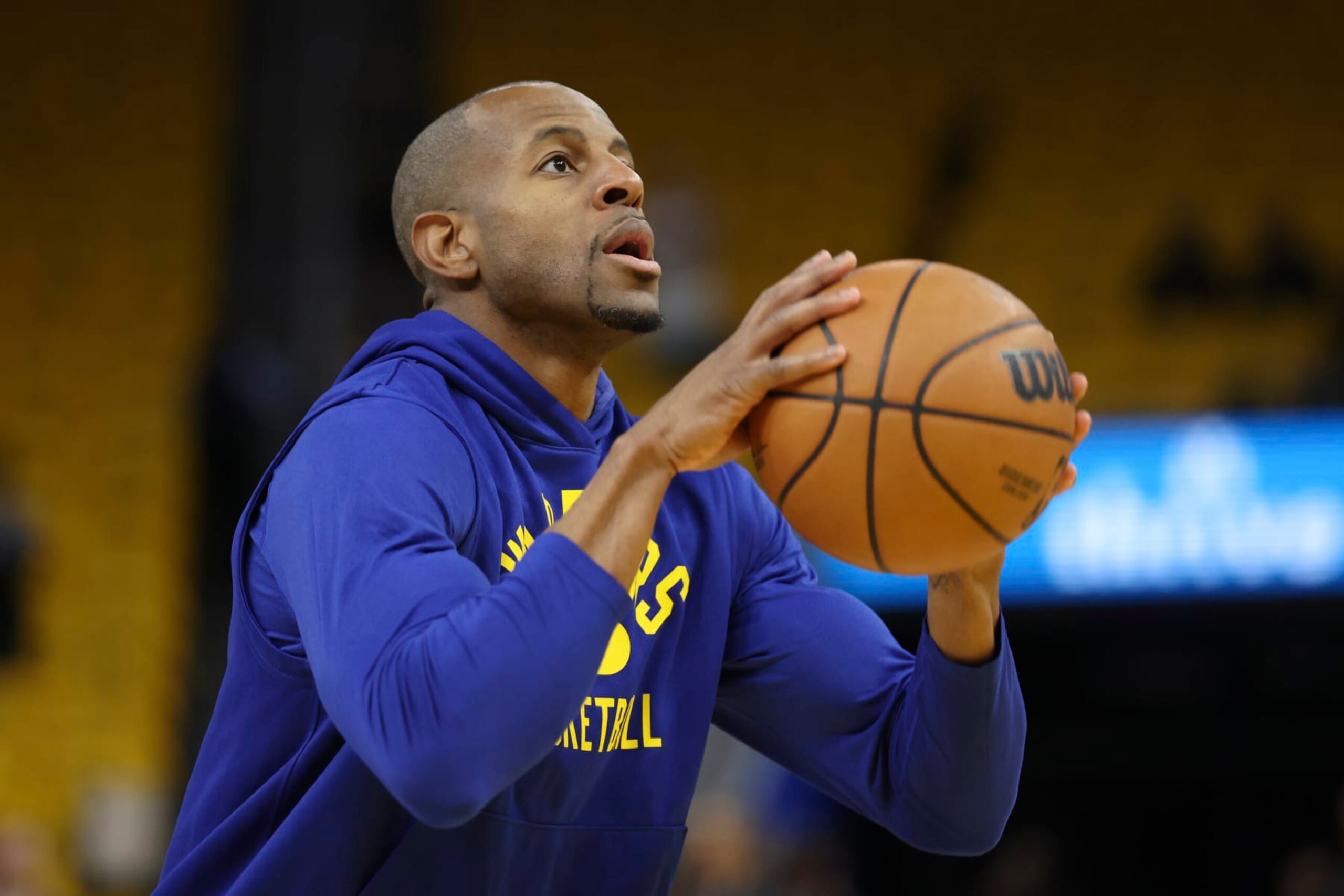 Golden State Warriors forward Andre Iguodala warms up before Game 5 of basketball's NBA Finals against the Boston Celtics in San Francisco, Monday, June 13, 2022. (AP Photo/Jed Jacobsohn)