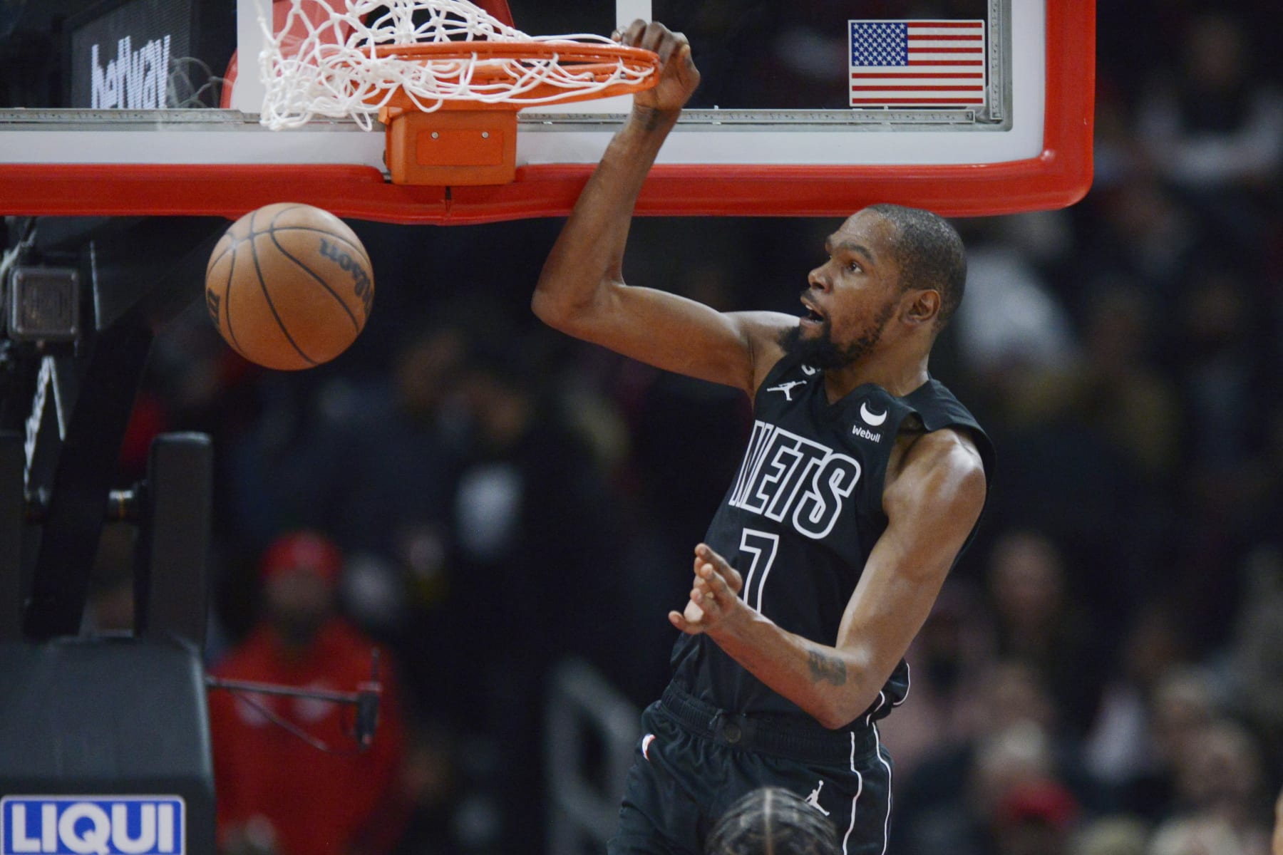 Brooklyn Nets' Kevin Durant (7) dunks during the second half of an NBA basketball game against the Chicago Bulls Wednesday, Jan. 4, 2023, in Chicago. Chicago won 121-112. (AP Photo/Paul Beaty) Brooklyn Nets' Kevin Durant (7) dunks during the second half of an NBA basketball game against the Chicago Bulls Wednesday, Jan. 4, 2023, in Chicago. Chicago won 121-112. (AP Photo/Paul Beaty)