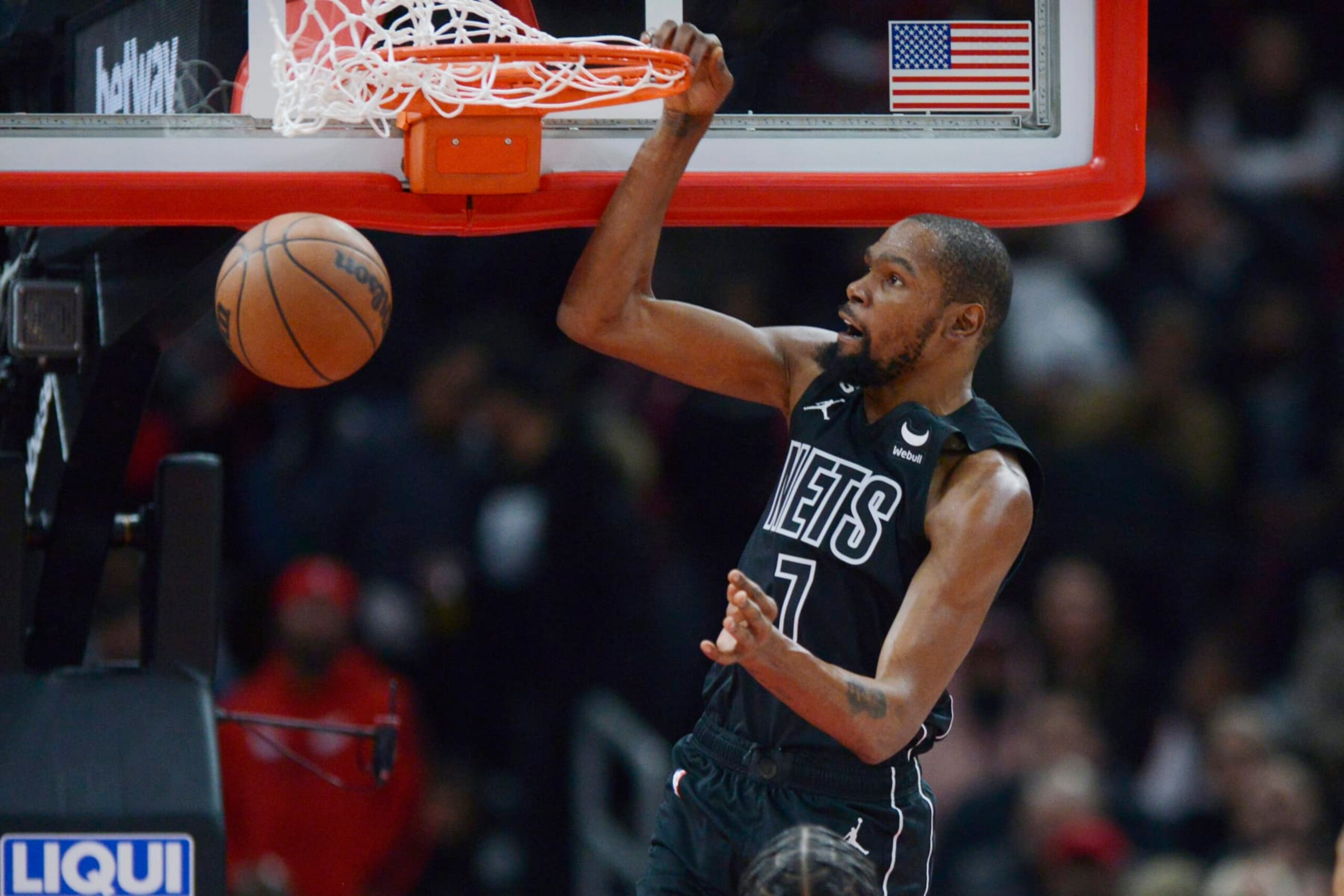 Brooklyn Nets' Kevin Durant (7) dunks during the second half of an NBA basketball game against the Chicago Bulls Wednesday, Jan. 4, 2023, in Chicago. Chicago won 121-112. (AP Photo/Paul Beaty)