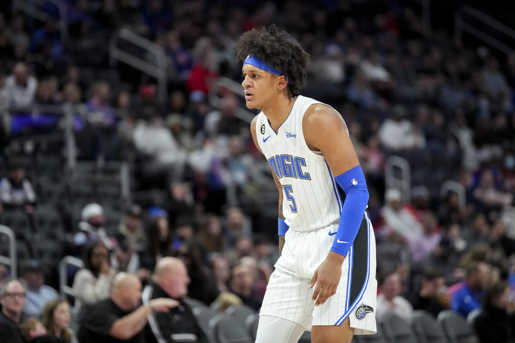 DETROIT, MICHIGAN - DECEMBER 28: Paolo Banchero #5 of the Orlando Magic looks on against the Detroit Pistons at Little Caesars Arena on December 28, 2022 in Detroit, Michigan. NOTE TO USER: User expressly acknowledges and agrees that, by downloading and or using this photograph, User is consenting to the terms and conditions of the Getty Images License Agreement. (Photo by Nic Antaya/Getty Images)