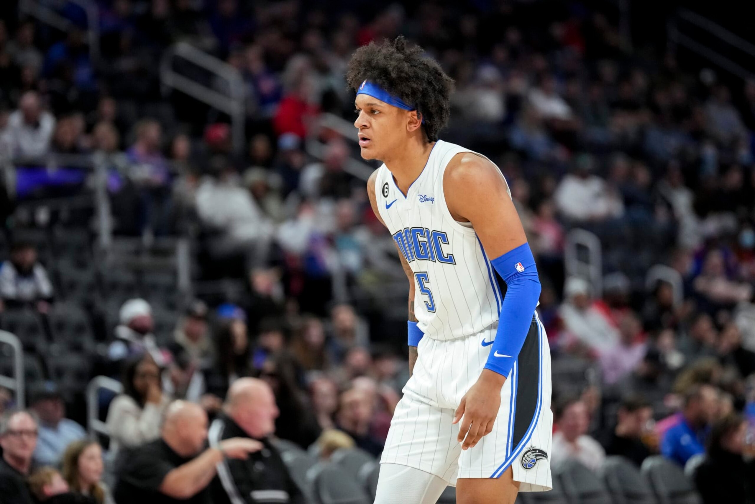 DETROIT, MICHIGAN - DECEMBER 28: Paolo Banchero #5 of the Orlando Magic looks on against the Detroit Pistons at Little Caesars Arena on December 28, 2022 in Detroit, Michigan. NOTE TO USER: User expressly acknowledges and agrees that, by downloading and or using this photograph, User is consenting to the terms and conditions of the Getty Images License Agreement. (Photo by Nic Antaya/Getty Images)