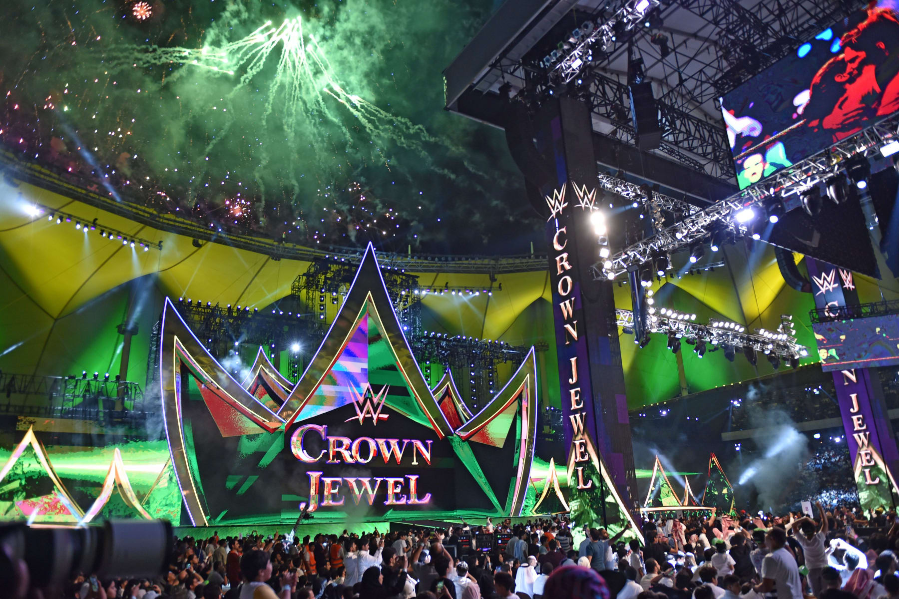 Fans cheer during the World Wrestling Entertainment (WWE) Crown Jewel pay-per-view in Riyadh on October 31, 2019. (Photo by Fayez Nureldine / AFP) (Photo by FAYEZ NURELDINE/AFP via Getty Images)