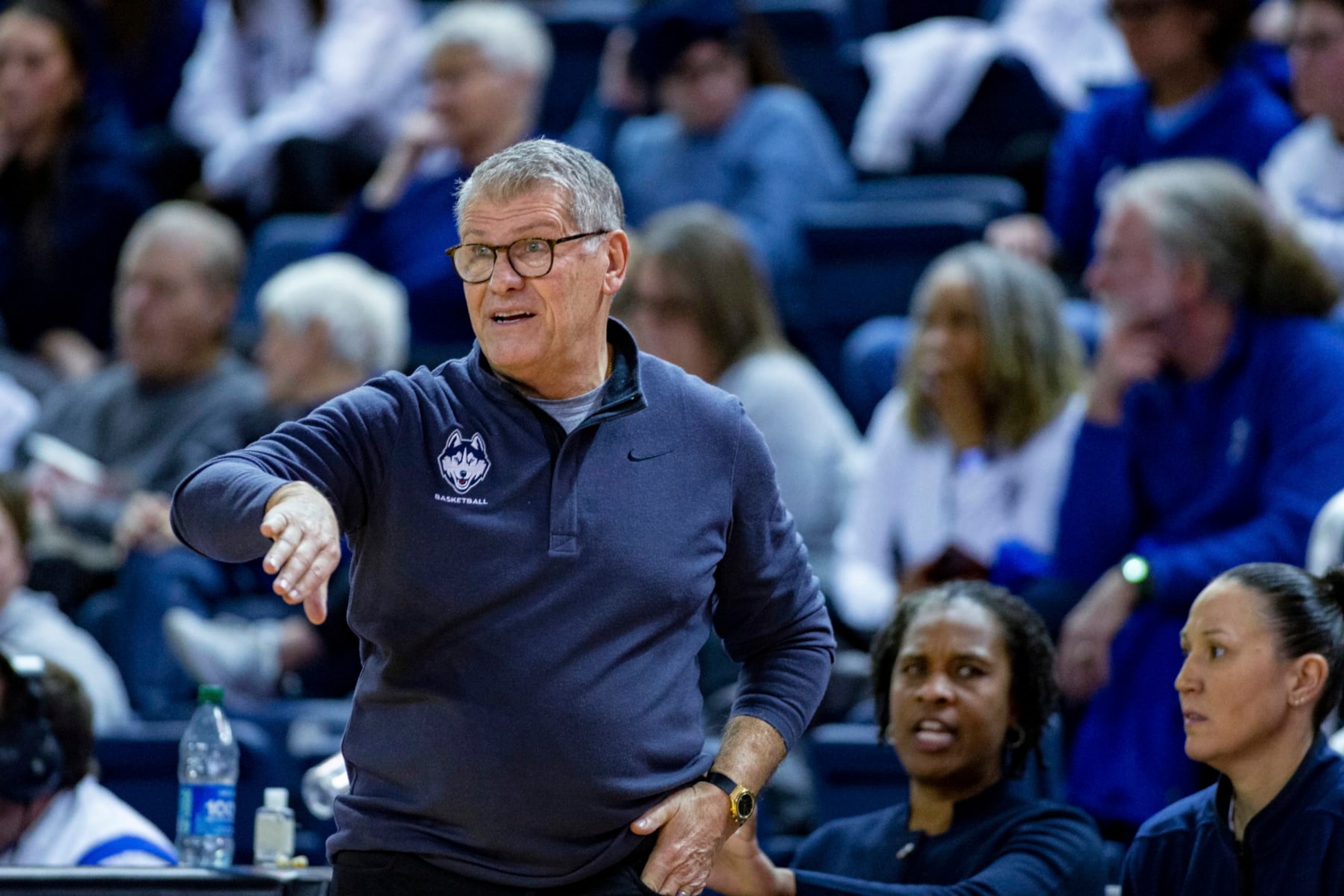 UConn coach Geno Auriemma gestures during the team's NCAA college basketball game against Creighton on Wednesday, Dec. 28, 2022, in Omaha, Neb. (AP Photo/John Peterson)