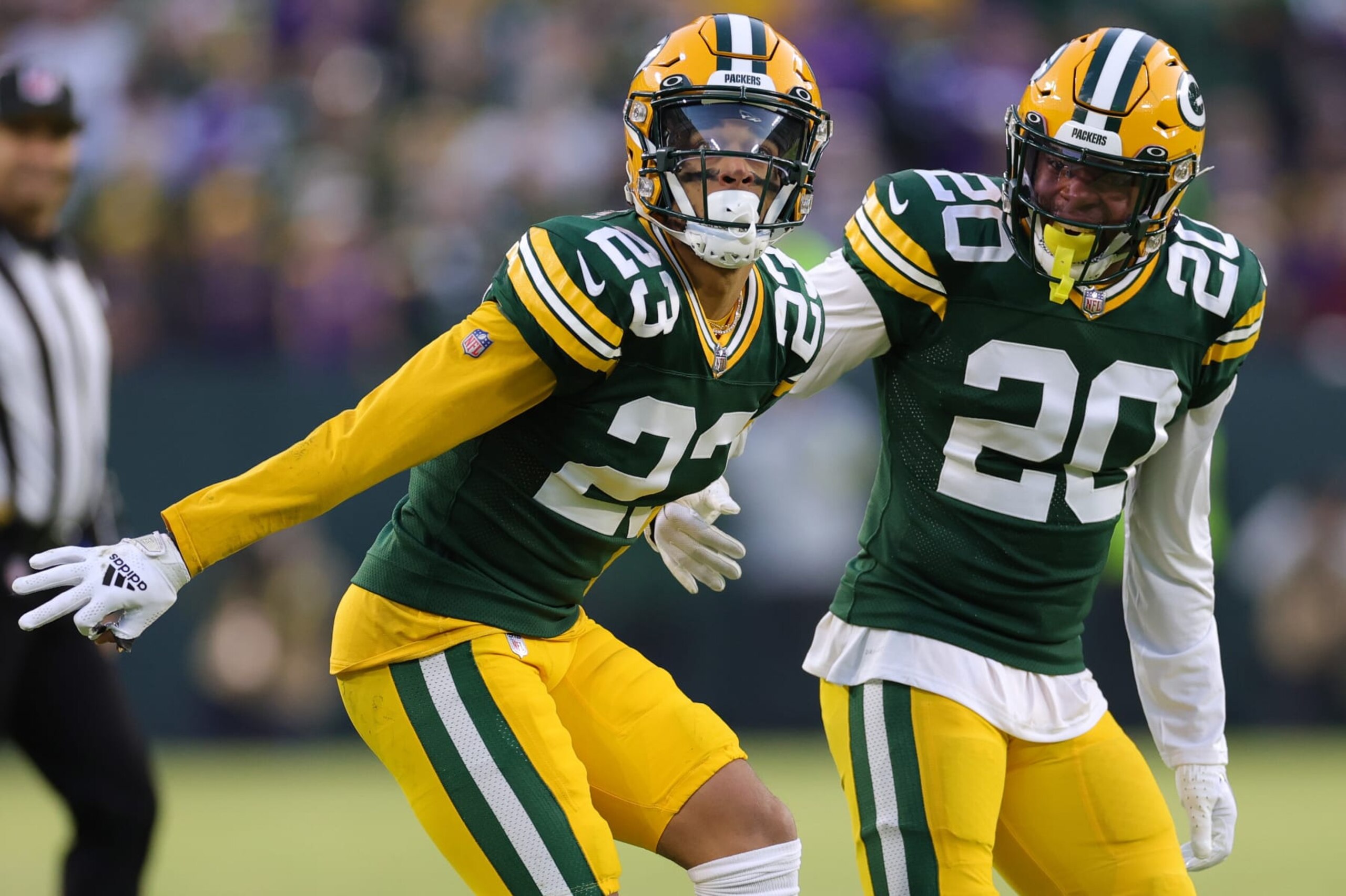 GREEN BAY, WISCONSIN - JANUARY 01: Jaire Alexander #23 of the Green Bay Packers reacts after a play during the first quarter Minnesota Vikings at Lambeau Field on January 01, 2023 in Green Bay, Wisconsin. (Photo by Stacy Revere/Getty Images)