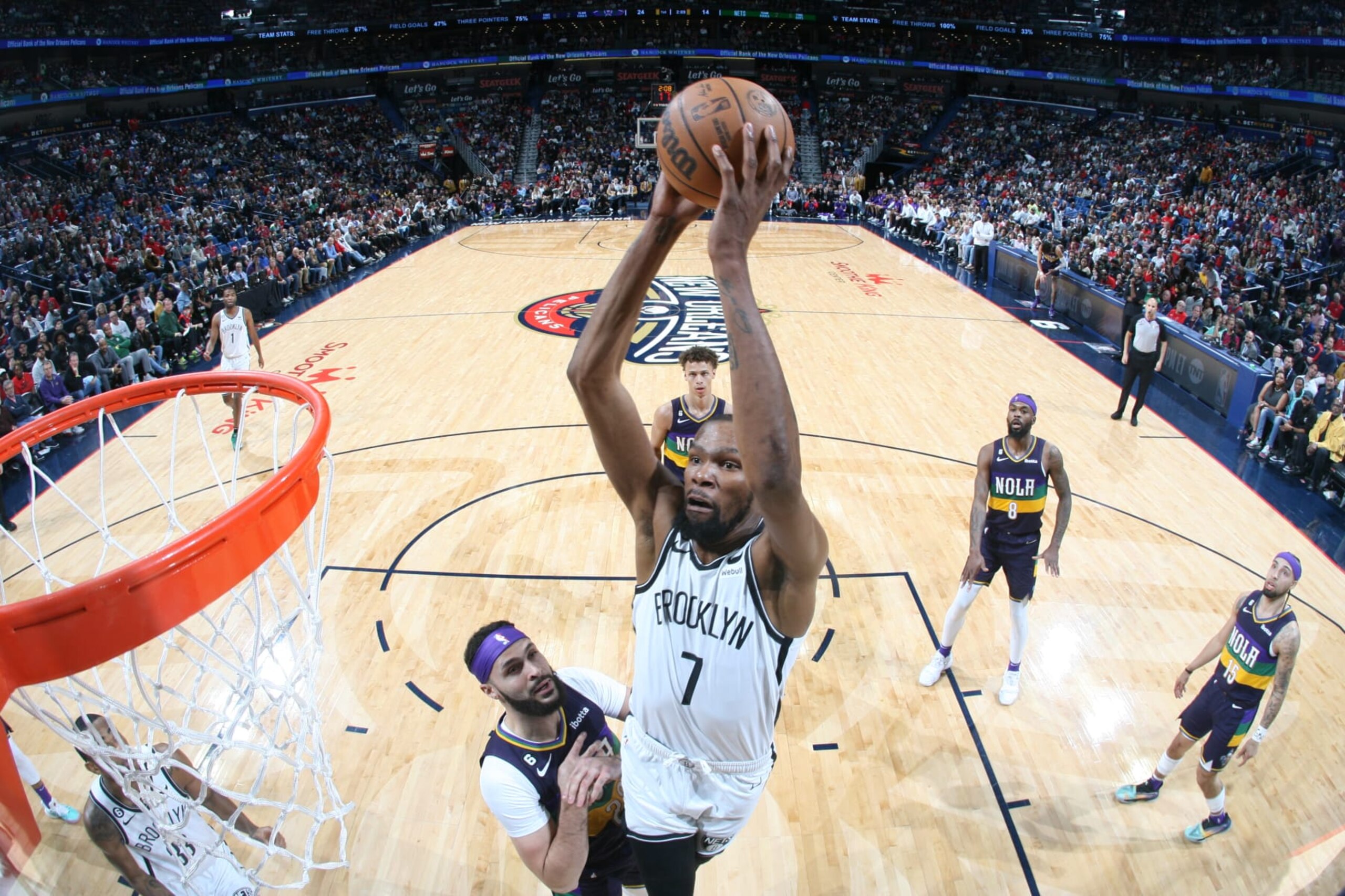 NEW ORLEANS, LA - JANUARY 6: Kevin Durant #7 of the Brooklyn Nets drives to the basket during the game against the New Orleans Pelicans on January 6, 2023 at the Smoothie King Center in New Orleans, Louisiana. NOTE TO USER: User expressly acknowledges and agrees that, by downloading and or using this Photograph, user is consenting to the terms and conditions of the Getty Images License Agreement. Mandatory Copyright Notice: Copyright 2022 NBAE (Photo by Layne Murdoch Jr./NBAE via Getty Images)