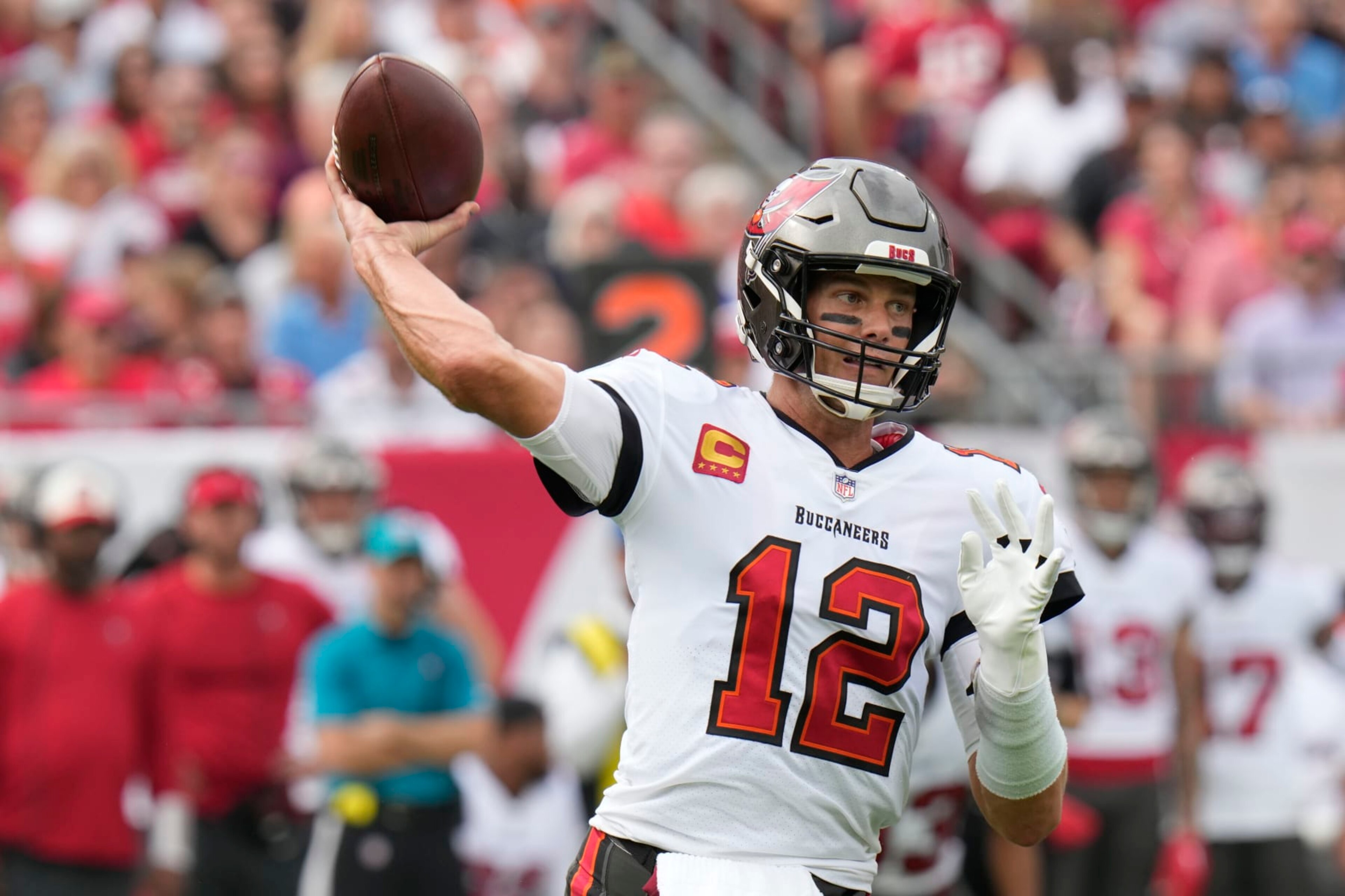 Tampa Bay Buccaneers quarterback Tom Brady passes during the first half of an NFL football game between the Carolina Panthers and the Tampa Bay Buccaneers on Sunday, Jan. 1, 2023, in Tampa, Fla. (AP Photo/Chris O'Meara) Tampa Bay Buccaneers quarterback Tom Brady passes during the first half of an NFL football game between the Carolina Panthers and the Tampa Bay Buccaneers on Sunday, Jan. 1, 2023, in Tampa, Fla. (AP Photo/Chris O'Meara)
