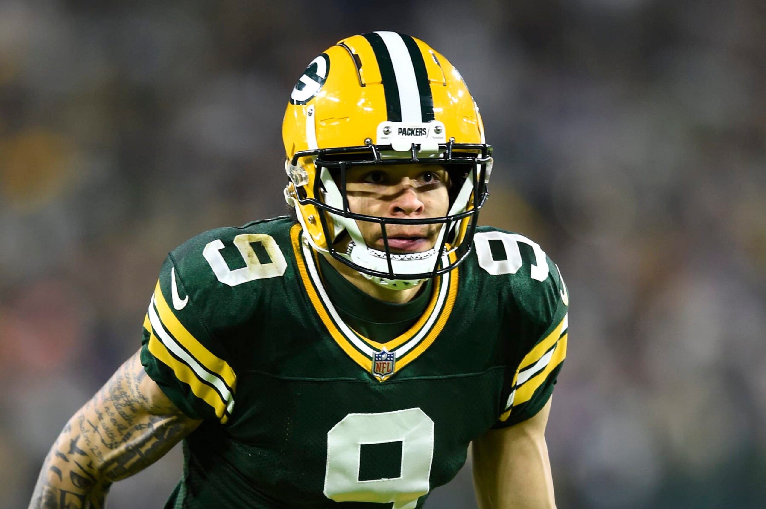 GREEN BAY, WISCONSIN - JANUARY 01: Christian Watson #9 of the Green Bay Packers in action against the Minnesota Vikings during the fourth quarter at Lambeau Field on January 01, 2023 in Green Bay, Wisconsin. (Photo by Kayla Wolf/Getty Images)