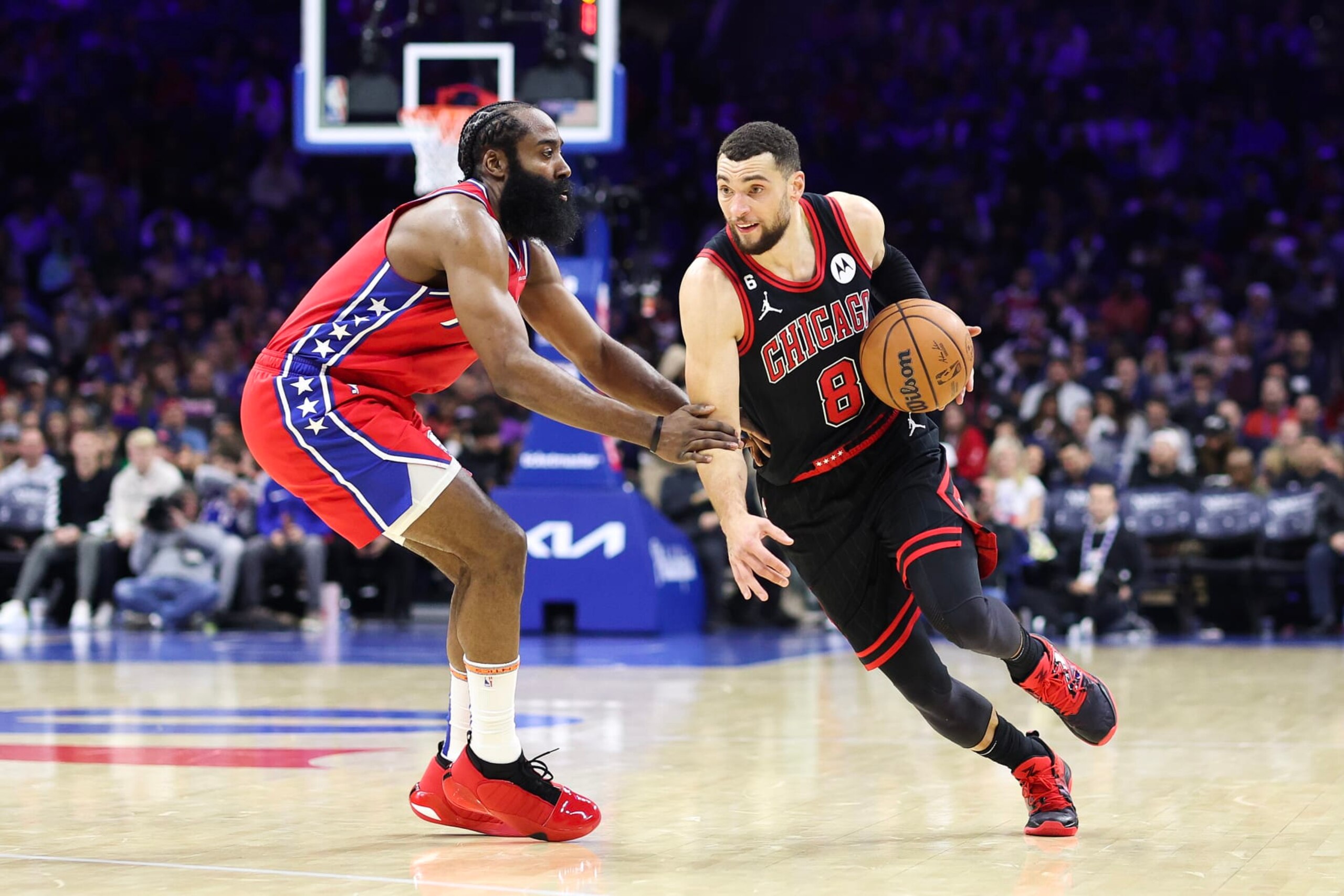 PHILADELPHIA, PENNSYLVANIA - JANUARY 06: Zach LaVine #8 of the Chicago Bulls drives past James Harden #1 of the Philadelphia 76ers during the second quarter at Wells Fargo Center on January 06, 2023 in Philadelphia, Pennsylvania. NOTE TO USER: User expressly acknowledges and agrees that, by downloading and or using this photograph, User is consenting to the terms and conditions of the Getty Images License Agreement. (Photo by Tim Nwachukwu/Getty Images) PHILADELPHIA, PENNSYLVANIA - JANUARY 06: Zach LaVine #8 of the Chicago Bulls drives past James Harden #1 of the Philadelphia 76ers during the second quarter at Wells Fargo Center on January 06, 2023 in Philadelphia, Pennsylvania. NOTE TO USER: User expressly acknowledges and agrees that, by downloading and or using this photograph, User is consenting to the terms and conditions of the Getty Images License Agreement. (Photo by Tim Nwachukwu/Getty Images)