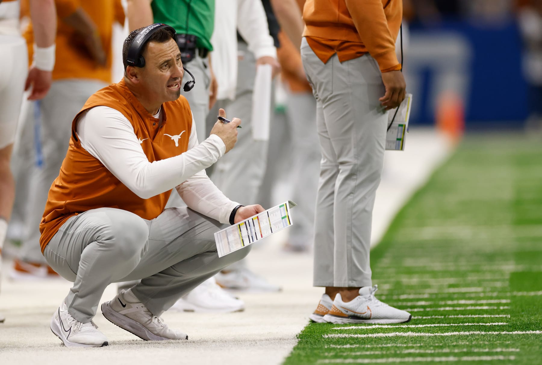 SAN ANTONIO, TEXAS - DECEMBER 29: Head coach Steve Sarkisian of the Texas Longhorns reacts in the first half against the Washington Huskies during the Valero Alamo Bowl at Alamodome on December 29, 2022 in San Antonio, Texas. (Photo by Tim Warner/Getty Images)