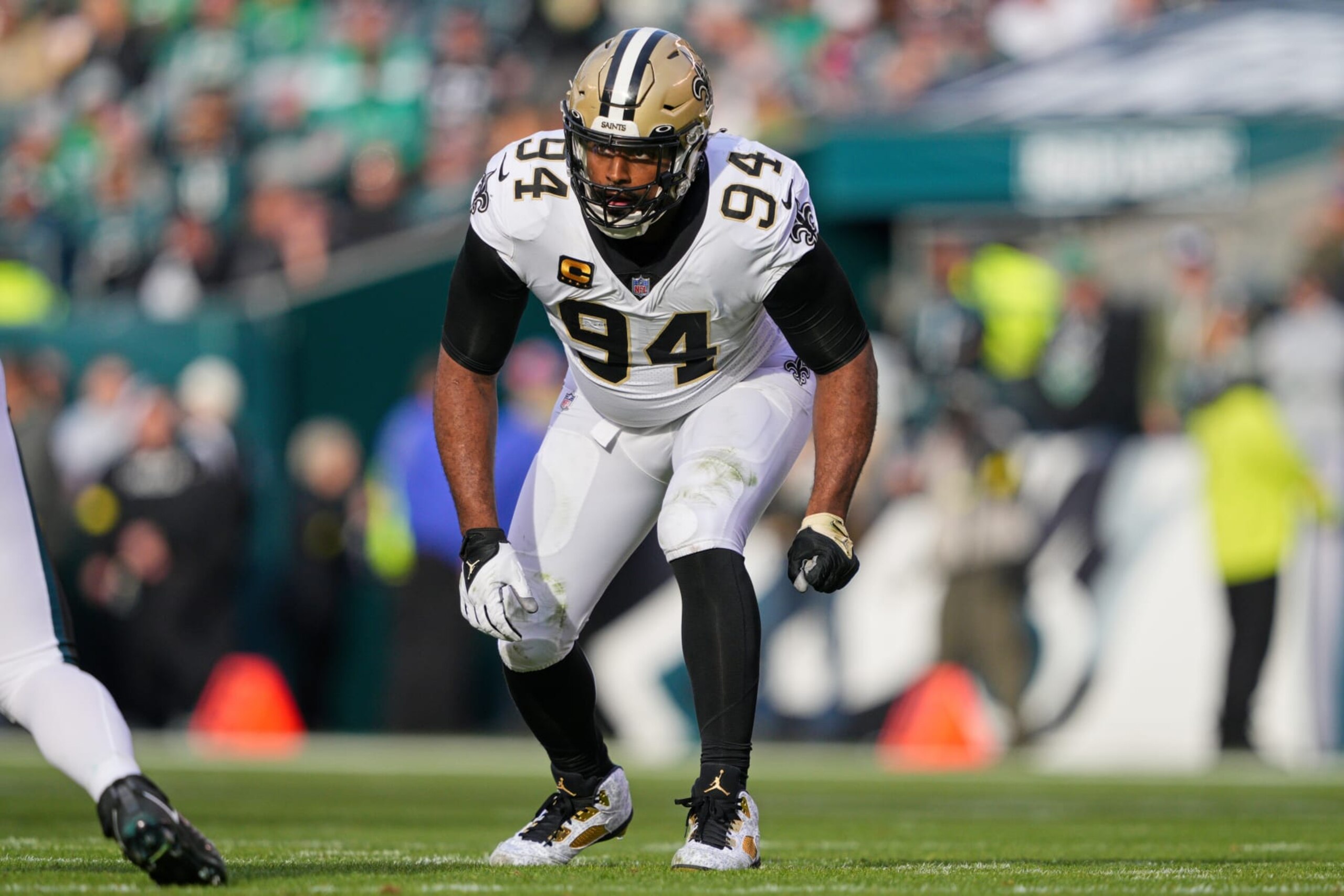 PHILADELPHIA, PA - JANUARY 01: New Orleans Saints defensive end Cameron Jordan (94) rushes during the game between the New Orleans Saints and the Philadelphia Eagles on January 1, 2023 at Lincoln Financial Field in Philadelphia, PA. (Photo by Andy Lewis/Icon Sportswire via Getty Images) PHILADELPHIA, PA - JANUARY 01: New Orleans Saints defensive end Cameron Jordan (94) rushes during the game between the New Orleans Saints and the Philadelphia Eagles on January 1, 2023 at Lincoln Financial Field in Philadelphia, PA. (Photo by Andy Lewis/Icon Sportswire via Getty Images)