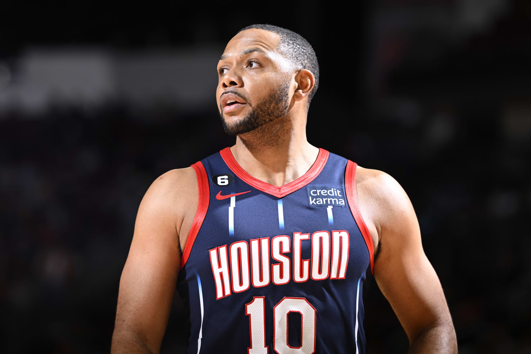 HOUSTON, TX - JANUARY 5: Eric Gordon #10 of the Houston Rockets looks on during the game against the Utah Jazz on January 5, 2023 at the Toyota Center in Houston, Texas. NOTE TO USER: User expressly acknowledges and agrees that, by downloading and or using this photograph, User is consenting to the terms and conditions of the Getty Images License Agreement. Mandatory Copyright Notice: Copyright 2023 NBAE (Photo by Logan Riely/NBAE via Getty Images)