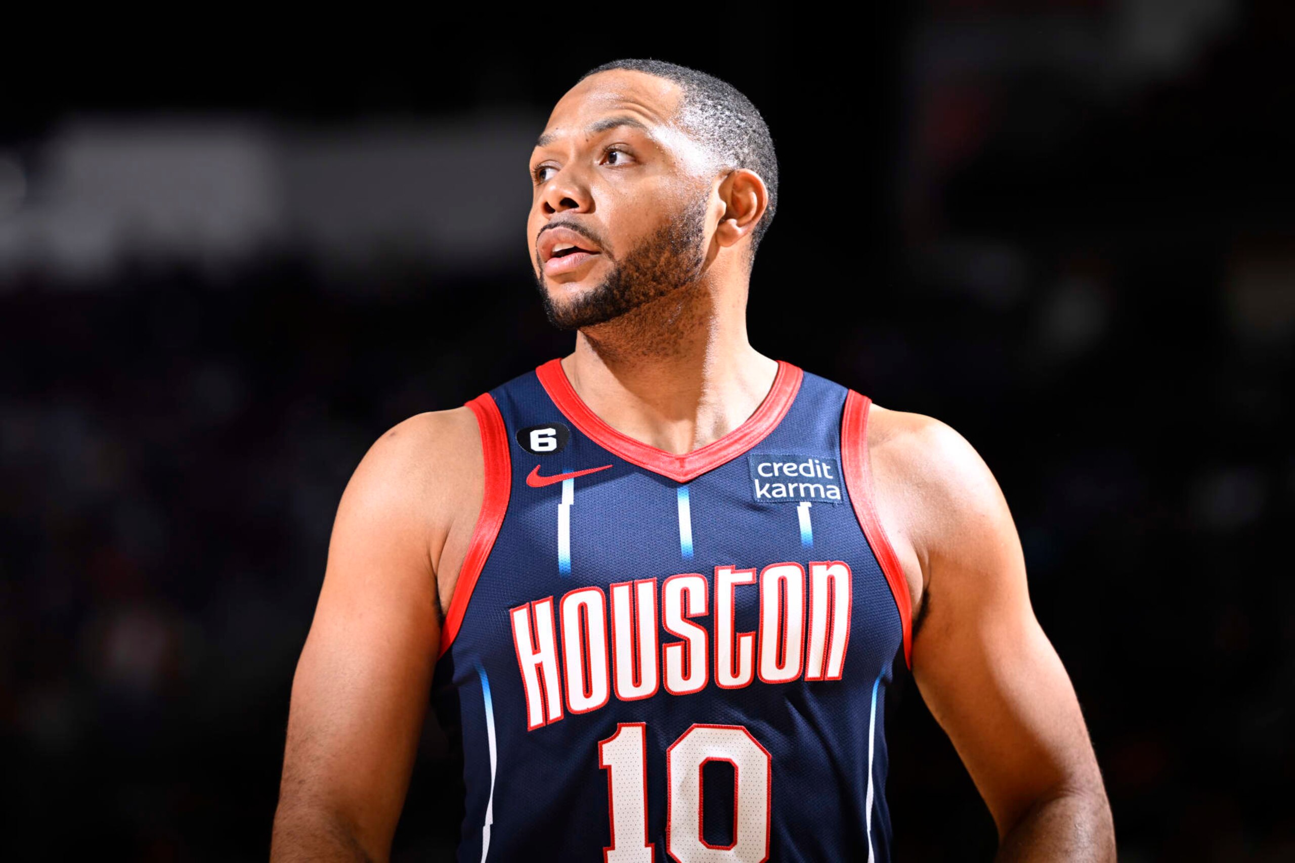 HOUSTON, TX - JANUARY 5: Eric Gordon #10 of the Houston Rockets looks on during the game against the Utah Jazz on January 5, 2023 at the Toyota Center in Houston, Texas. NOTE TO USER: User expressly acknowledges and agrees that, by downloading and or using this photograph, User is consenting to the terms and conditions of the Getty Images License Agreement. Mandatory Copyright Notice: Copyright 2023 NBAE (Photo by Logan Riely/NBAE via Getty Images) HOUSTON, TX - JANUARY 5: Eric Gordon #10 of the Houston Rockets looks on during the game against the Utah Jazz on January 5, 2023 at the Toyota Center in Houston, Texas. NOTE TO USER: User expressly acknowledges and agrees that, by downloading and or using this photograph, User is consenting to the terms and conditions of the Getty Images License Agreement. Mandatory Copyright Notice: Copyright 2023 NBAE (Photo by Logan Riely/NBAE via Getty Images)