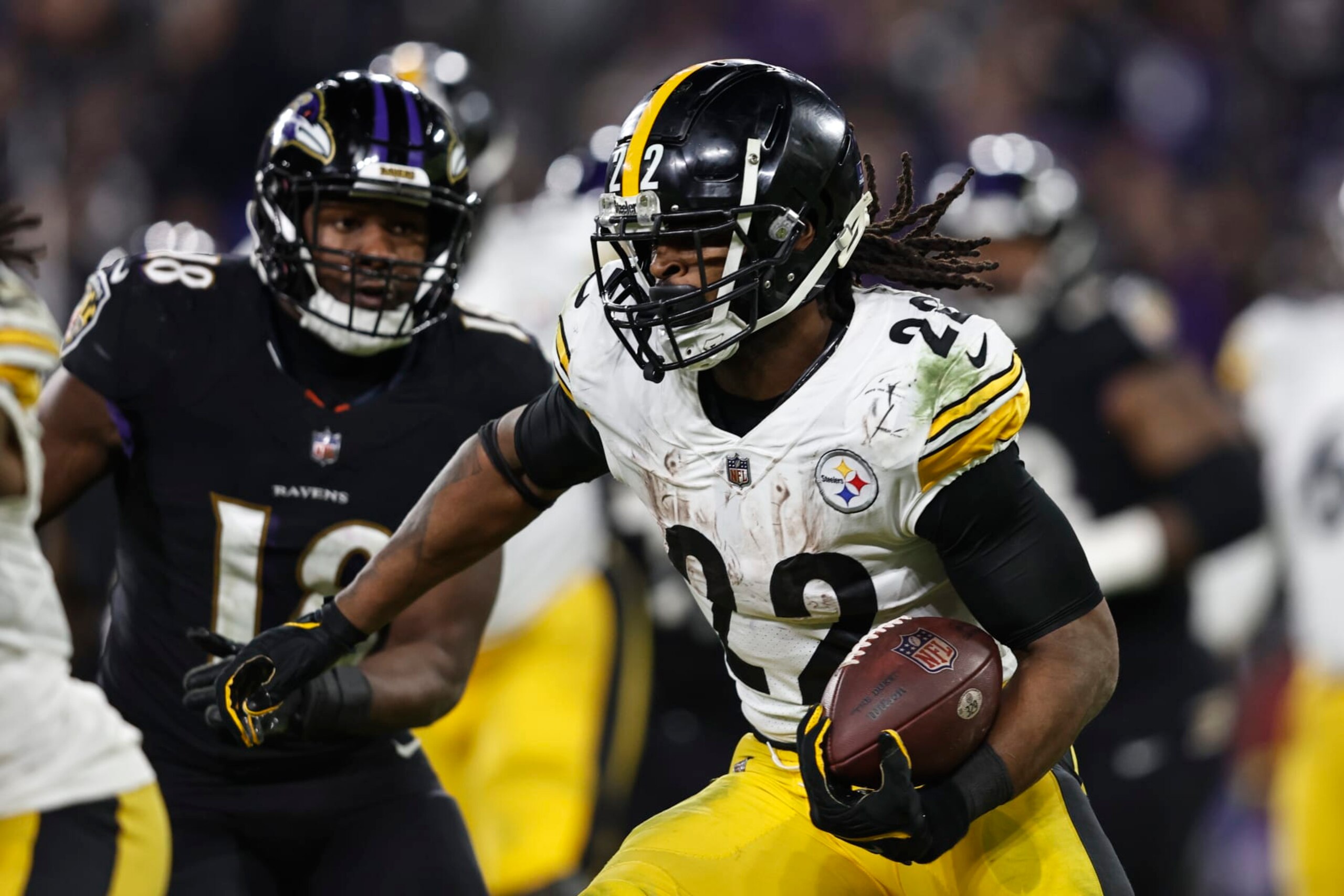 BALTIMORE, MARYLAND - JANUARY 01: Najee Harris #22 of the Pittsburgh Steelers runs with the ball during an NFL football game between the Baltimore Ravens and the Pittsburgh Steelers at M&T Bank Stadium on January 01, 2023 in Baltimore, Maryland. (Photo by Michael Owens/Getty Images)