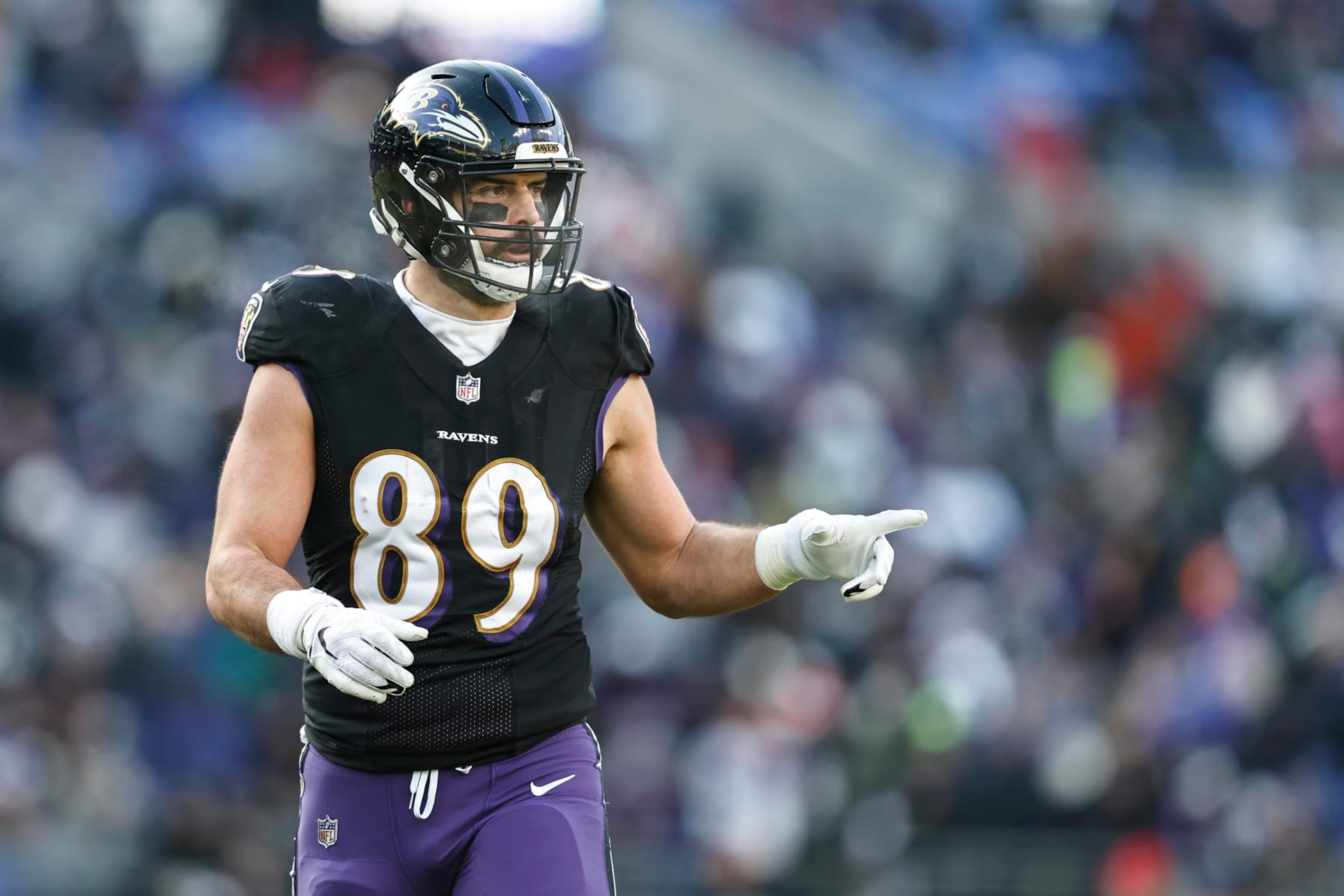 BALTIMORE, MARYLAND - DECEMBER 24: Mark Andrews #89 of the Baltimore Ravens signals as he lines up during an NFL football game between the Baltimore Ravens and the Atlanta Falcons at M&T Bank Stadium on December 24, 2022 in Baltimore, Maryland. (Photo by Michael Owens/Getty Images)