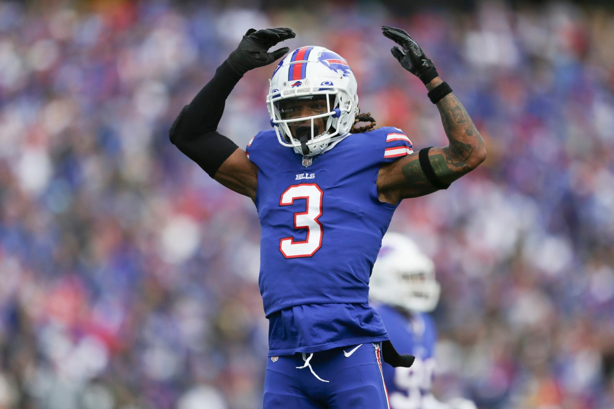 Buffalo Bills safety Damar Hamlin (3) reacts after a play during the first half of an NFL football game against the Pittsburgh Steelers on Sunday, Oct. 9, 2022, in Orchard Park, N.Y. (AP Photo/Joshua Bessex)