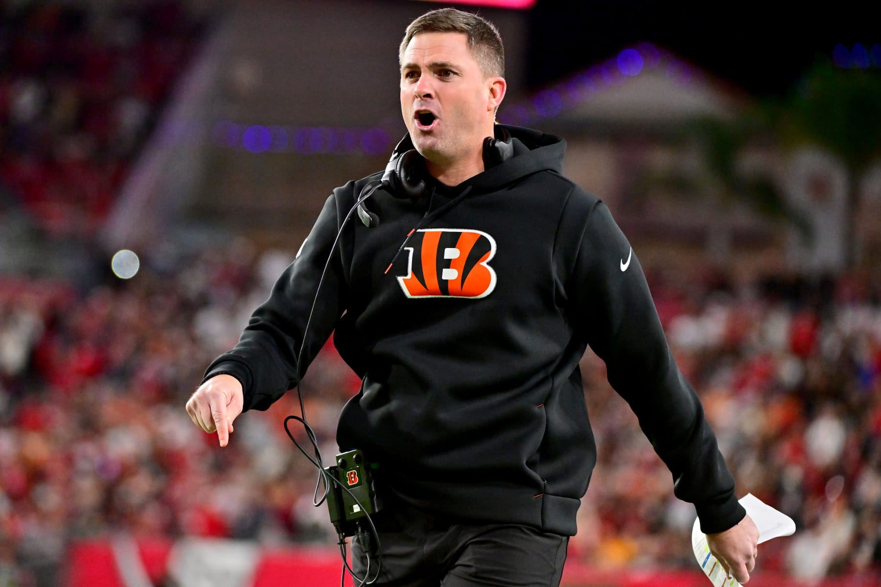 TAMPA, FLORIDA - DECEMBER 18: Head coach Zac Taylor of the Cincinnati Bengals reacts after a play during the third quarter in the game against the Tampa Bay Buccaneers at Raymond James Stadium on December 18, 2022 in Tampa, Florida. (Photo by Julio Aguilar/Getty Images)