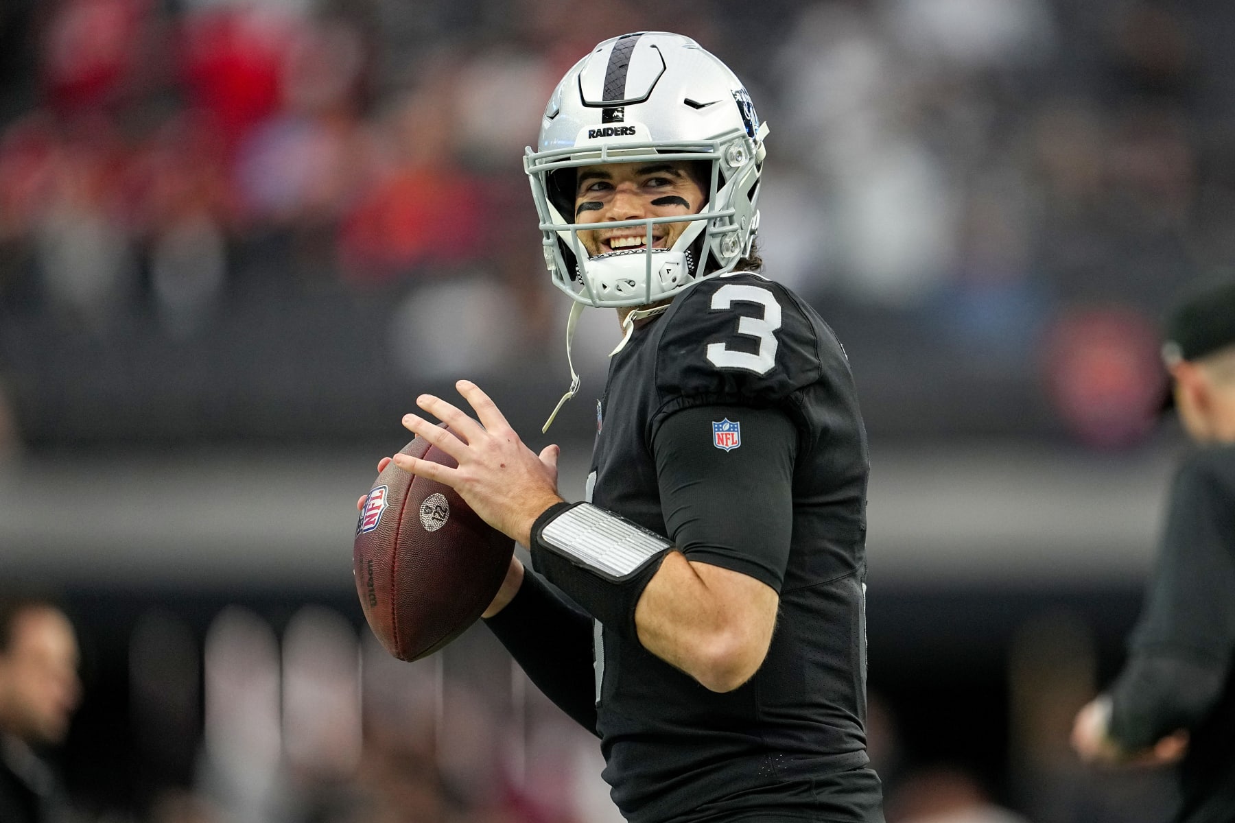 LAS VEGAS, NEVADA - JANUARY 07: Jarrett Stidham #3 of the Las Vegas Raiders warms up prior to playing the Kansas City Chiefs at Allegiant Stadium on January 07, 2023 in Las Vegas, Nevada. (Photo by Jeff Bottari/Getty Images)