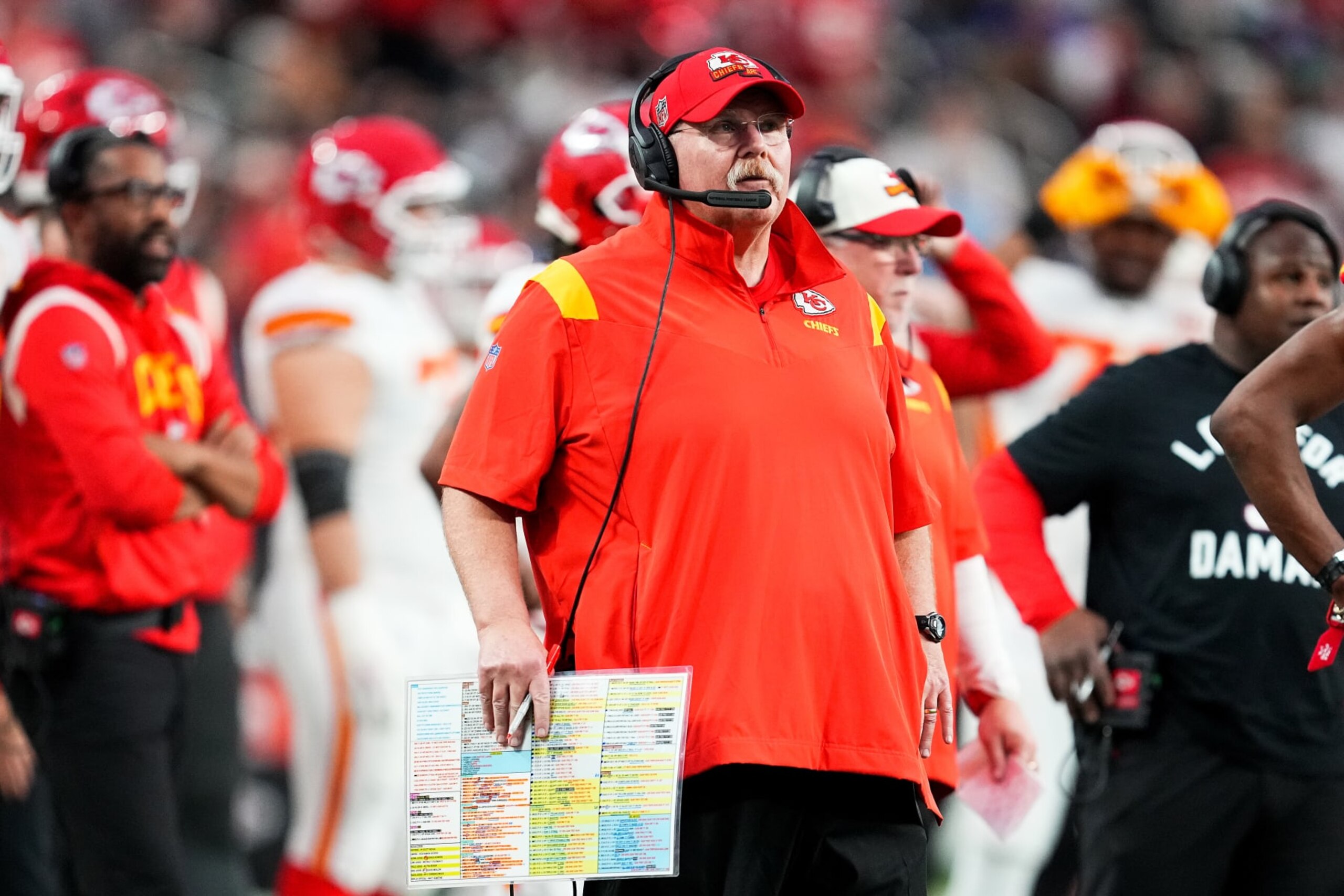 LAS VEGAS, NEVADA - JANUARY 07: head coach Andy Reid of the Kansas City Chies looks on against the Las Vegas Raiders during the first half of the game at Allegiant Stadium on January 07, 2023 in Las Vegas, Nevada. (Photo by Chris Unger/Getty Images)