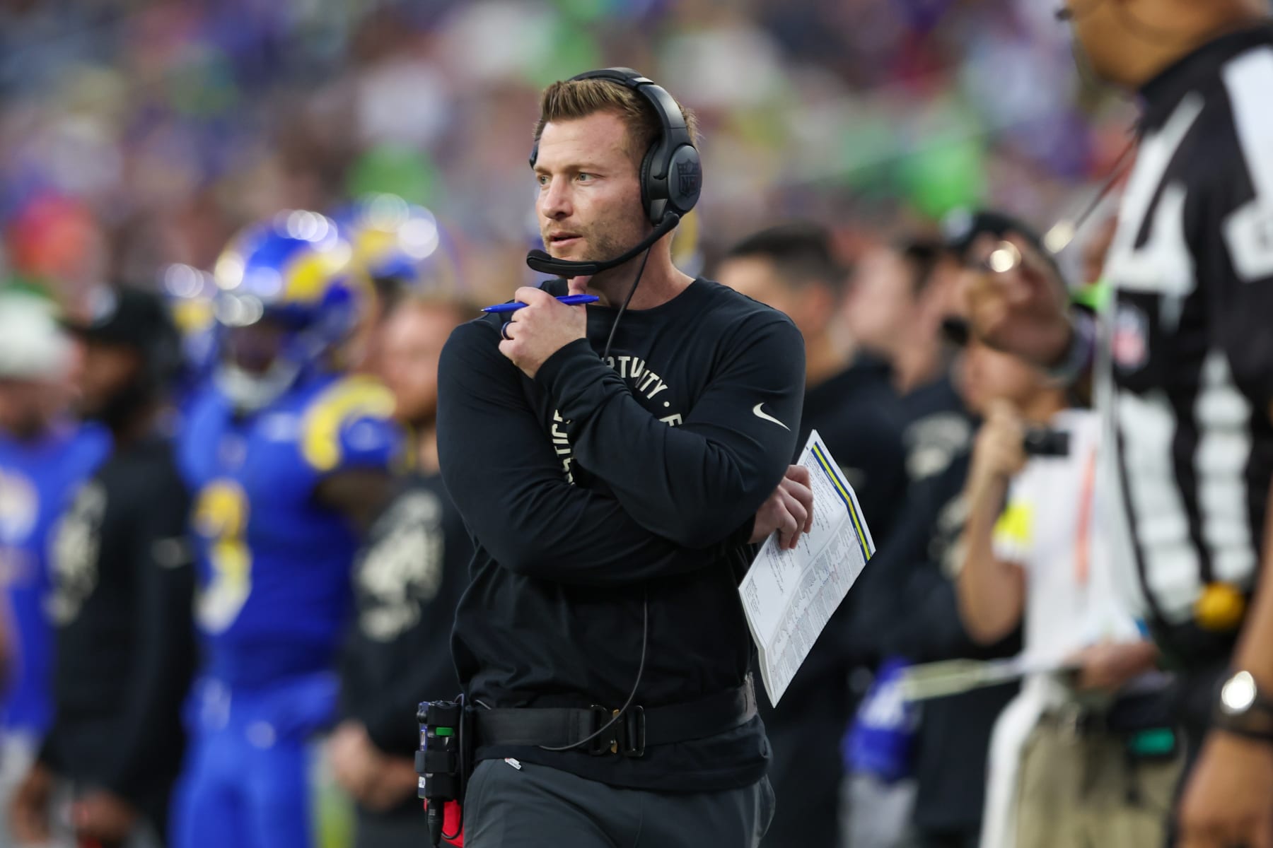 INGLEWOOD, CA - DECEMBER 25: Los Angeles Rams head coach Sean McVay during the NFL game between the Denver Broncos and the Los Angeles Rams on December 25, 2022, at SoFi Stadium in Inglewood, CA. (Photo by Jordon Kelly/Icon Sportswire via Getty Images)
