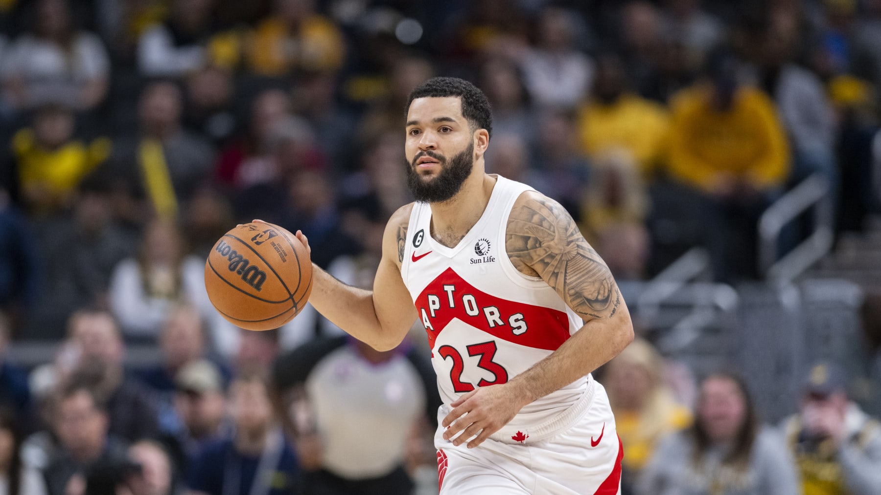 Toronto Raptors guard Fred VanVleet (23) during an NBA basketball game in Indianapolis, Monday, Jan. 2, 2023. (AP Photo/Doug McSchooler)