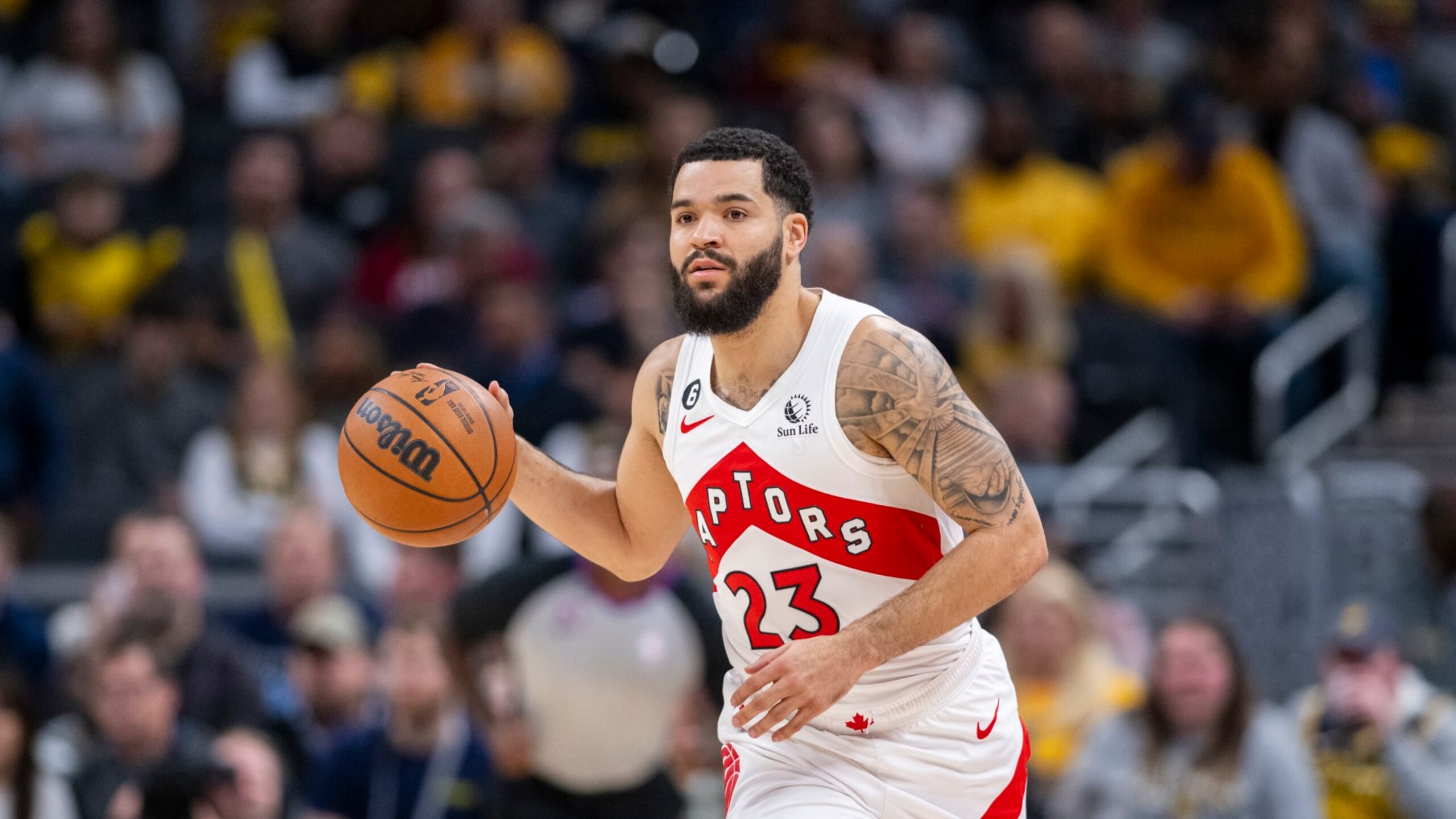 Toronto Raptors guard Fred VanVleet (23) during an NBA basketball game in Indianapolis, Monday, Jan. 2, 2023. (AP Photo/Doug McSchooler)