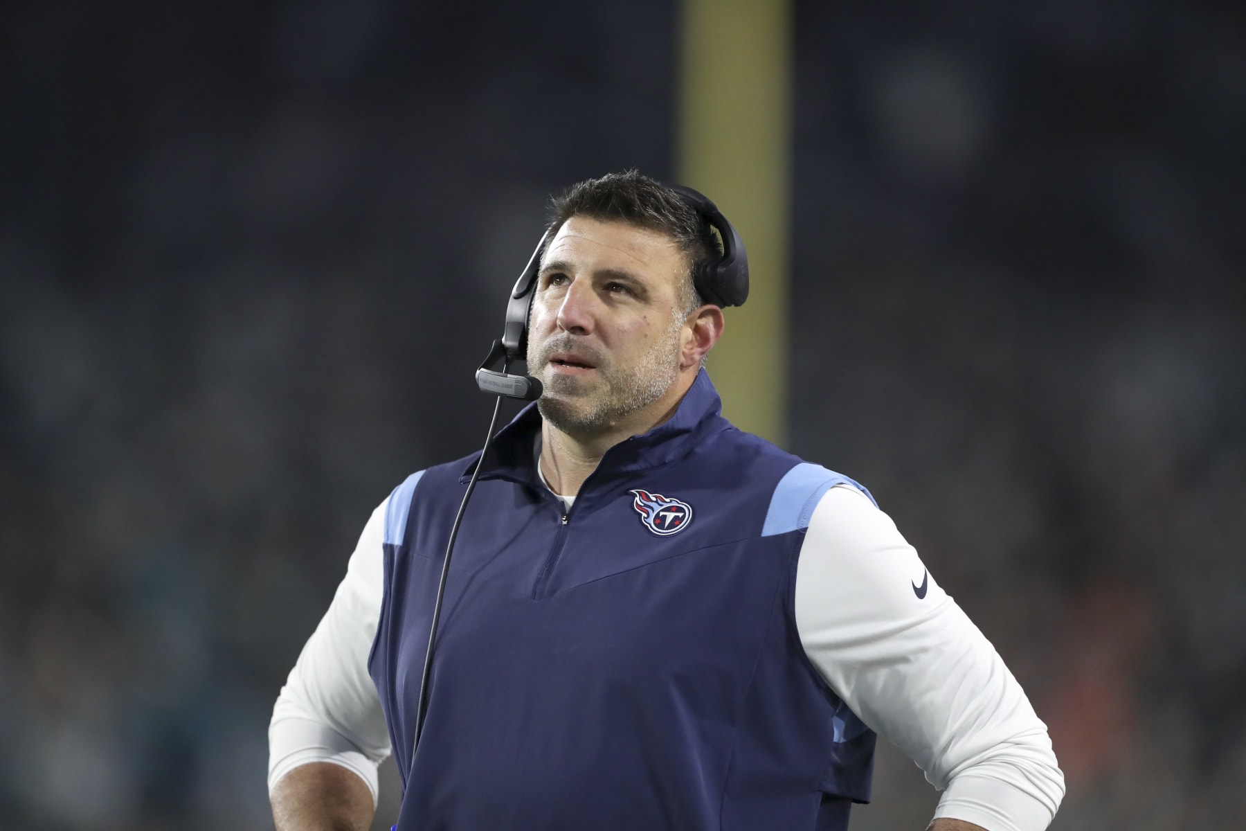 JACKSONVILLE, FLORIDA - JANUARY 07: Head coach Mike Vrabel of the Tennessee Titans looks on during the first quarter against the Jacksonville Jaguars at TIAA Bank Field on January 07, 2023 in Jacksonville, Florida. (Photo by Courtney Culbreath/Getty Images)