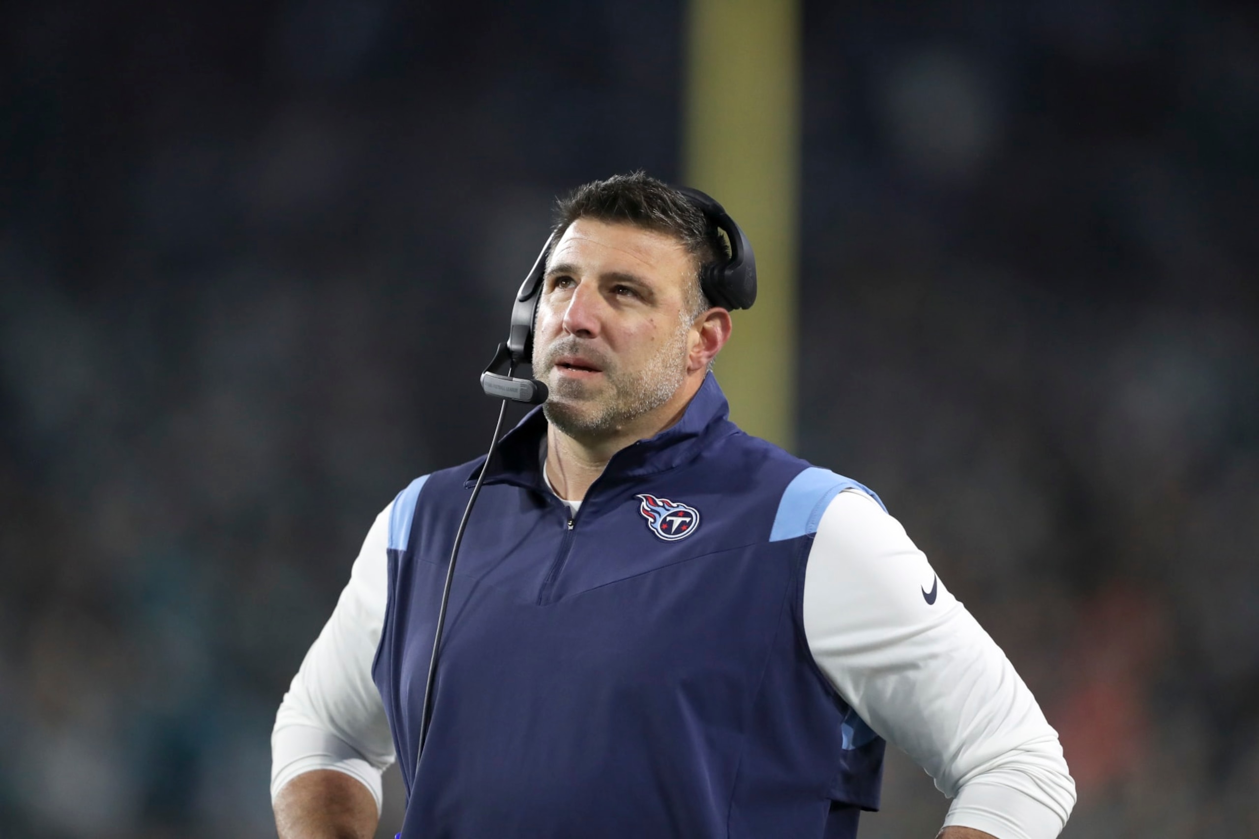 JACKSONVILLE, FLORIDA - JANUARY 07: Head coach Mike Vrabel of the Tennessee Titans looks on during the first quarter against the Jacksonville Jaguars at TIAA Bank Field on January 07, 2023 in Jacksonville, Florida. (Photo by Courtney Culbreath/Getty Images)