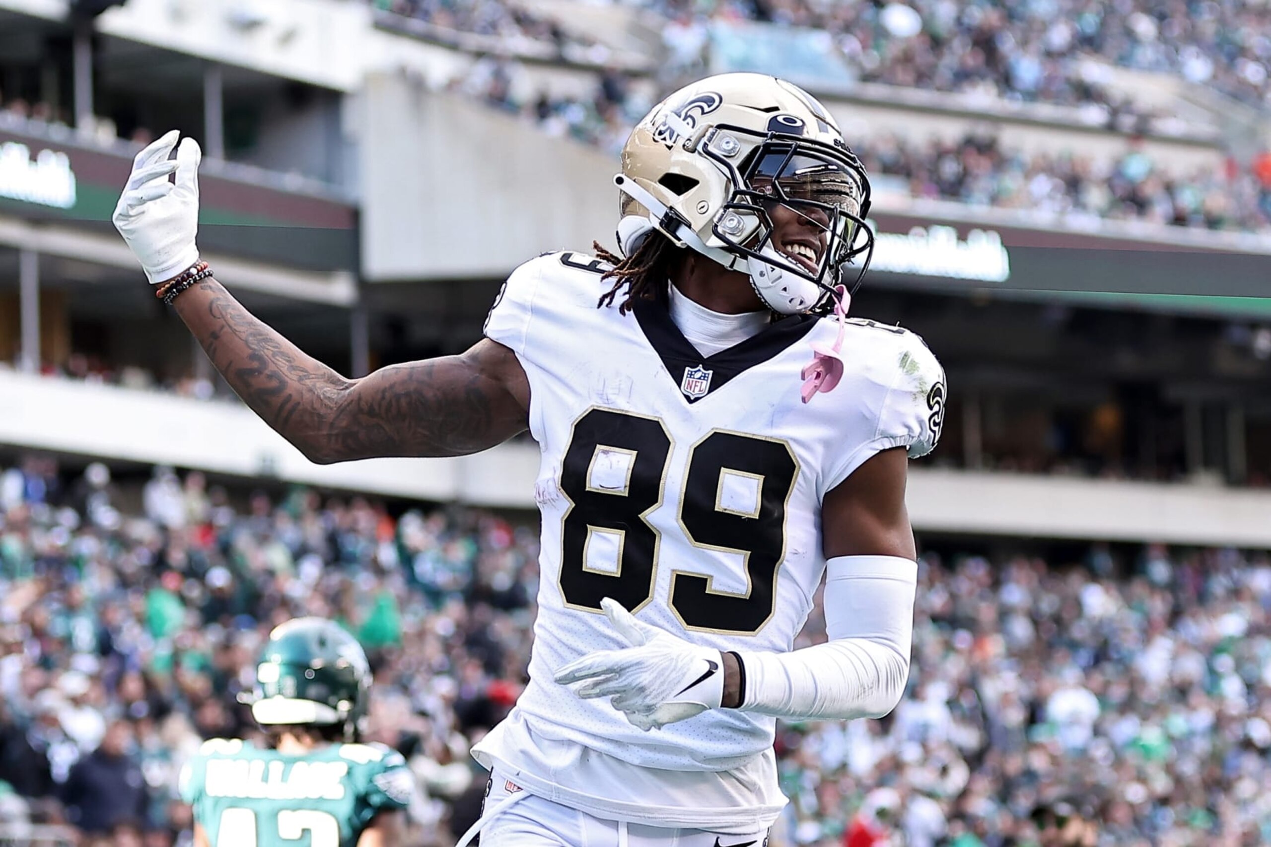 PHILADELPHIA, PENNSYLVANIA - JANUARY 01: Rashid Shaheed #89 of the New Orleans Saints reacts against the Philadelphia Eagles during the second quarter at Lincoln Financial Field on January 01, 2023 in Philadelphia, Pennsylvania. (Photo by Dustin Satloff/Getty Images)