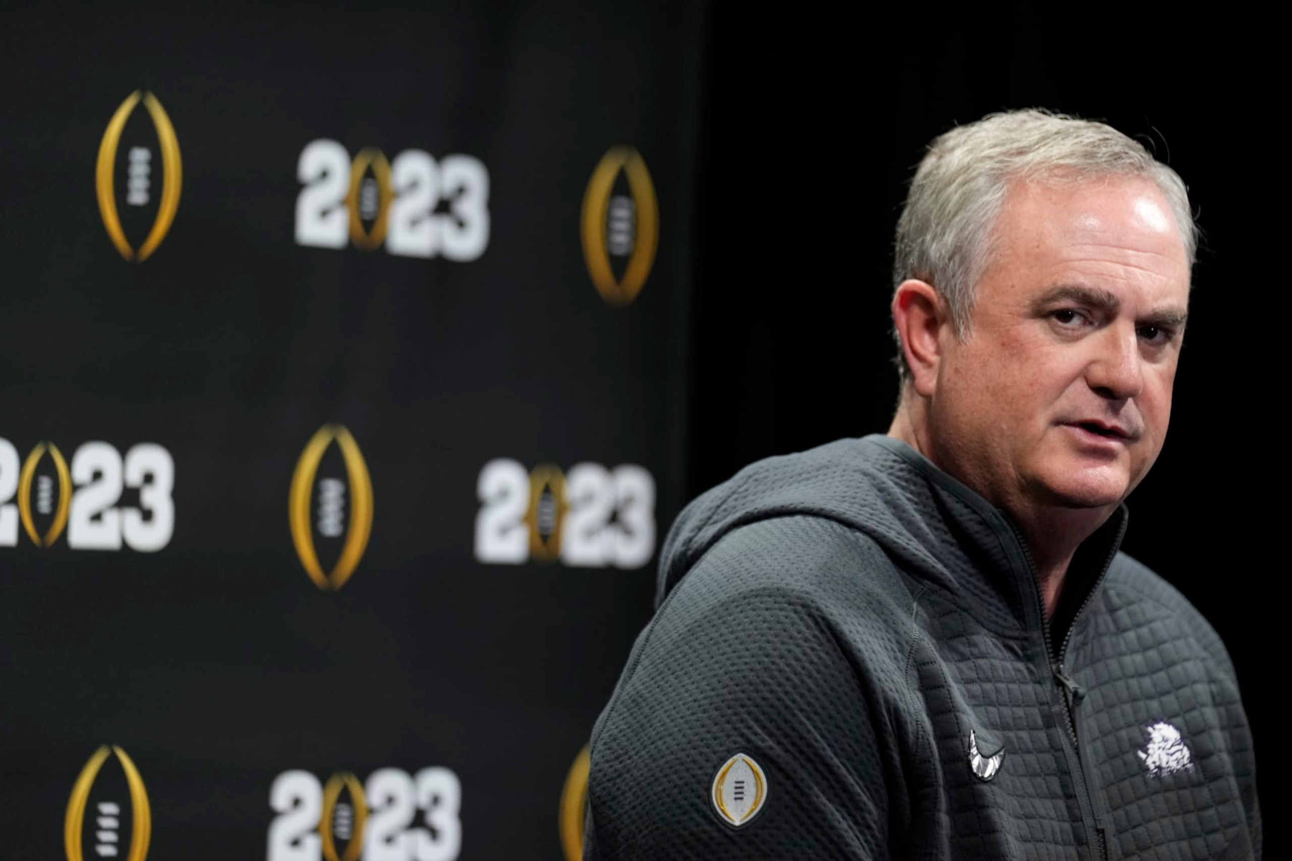 TCU head coach Sonny Dykes speaks during a media day ahead of the national championship NCAA College Football Playoff game between Georgia and TCU, Saturday, Jan. 7, 2023, in Los Angeles. The champoinship football game will be played Monday. (AP Photo/Marcio Jose Sanchez)