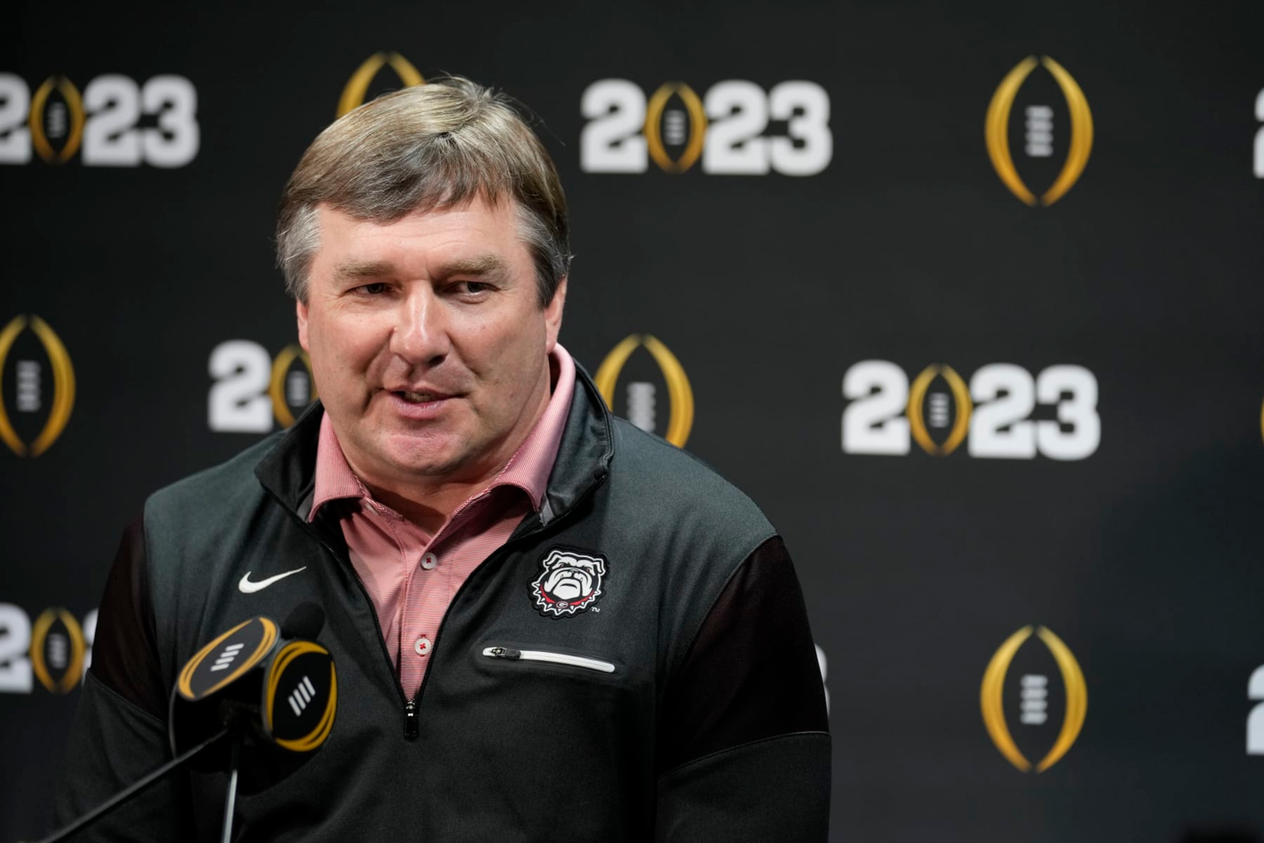 Georgia head coach Kirby Smart speaks during a media day ahead of the national championship NCAA College Football Playoff game between Georgia and TCU, Saturday, Jan. 7, 2023, in Los Angeles. The championship football game will be played Monday. (AP Photo/Marcio Jose Sanchez)
