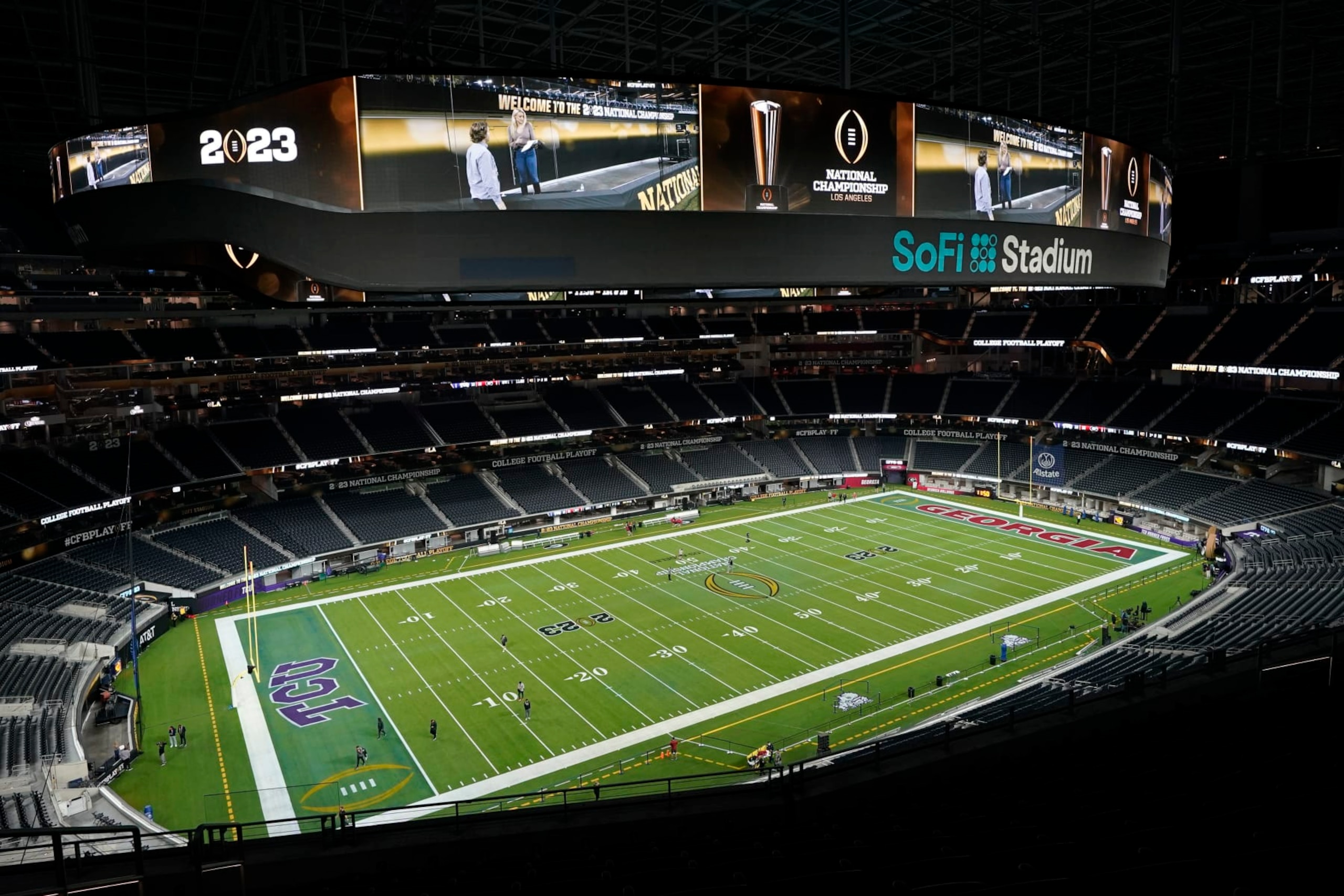 SoFi Stadium is seen after team practice ahead of the national championship NCAA College Football Playoff game between Georgia and TCU, Saturday, Jan. 7, 2023, in Inglewood, Calif. The championship football game will be played Monday. (AP Photo/Marcio Jose Sanchez)