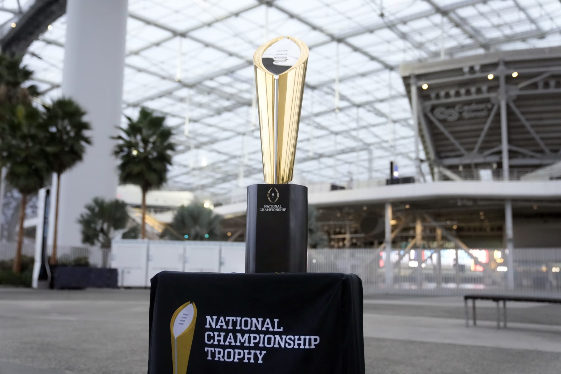 The championship trophy is shown Wednesday, Jan. 4, 2023, before a press preview ahead of the CFP NCAA football national championship game at SoFi Stadium in Inglewood, Calif. Georgia faces TCU on Monday for the title.(AP Photo/Marcio Jose Sanchez)