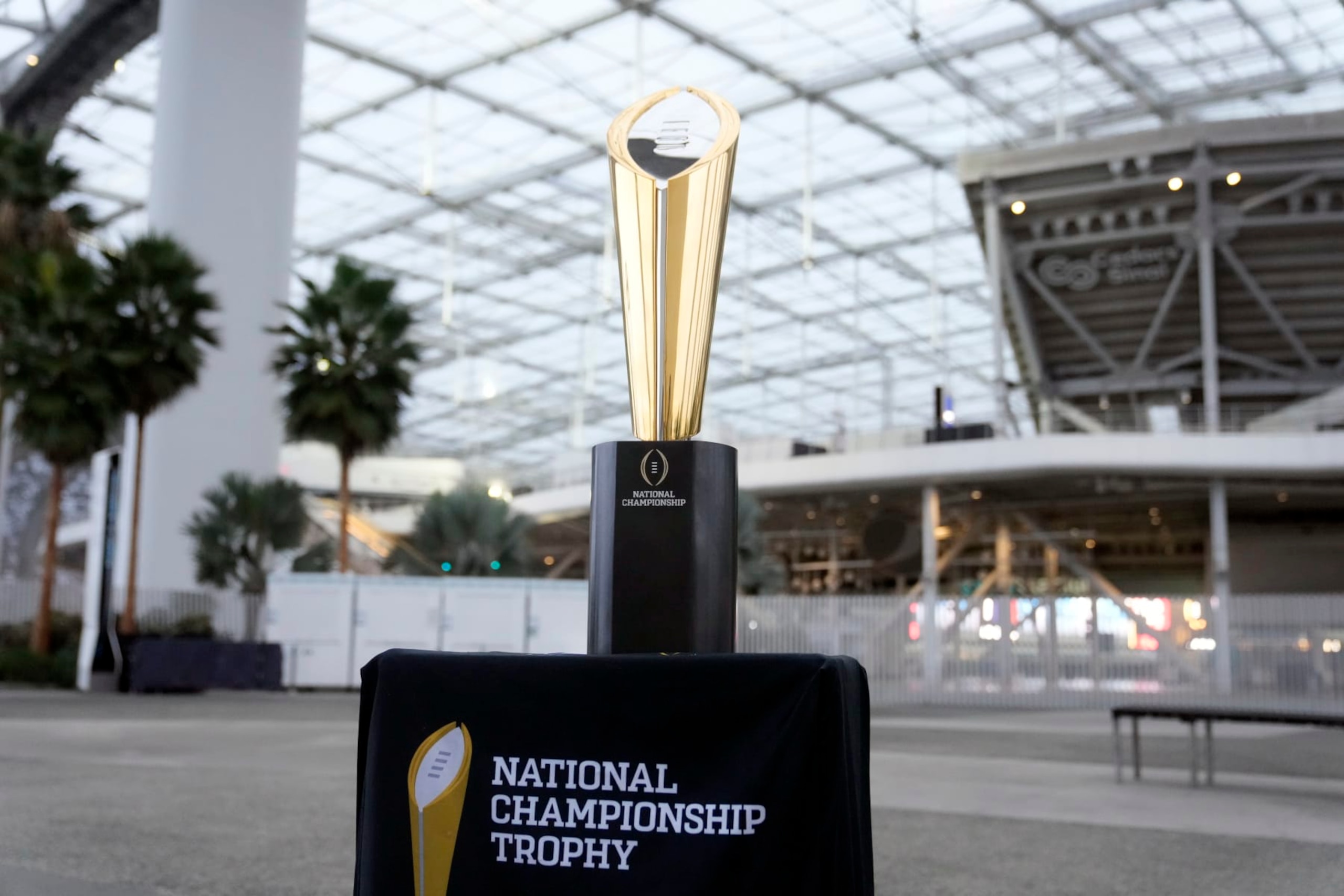 The championship trophy is shown Wednesday, Jan. 4, 2023, before a press preview ahead of the CFP NCAA football national championship game at SoFi Stadium in Inglewood, Calif. Georgia faces TCU on Monday for the title.(AP Photo/Marcio Jose Sanchez)