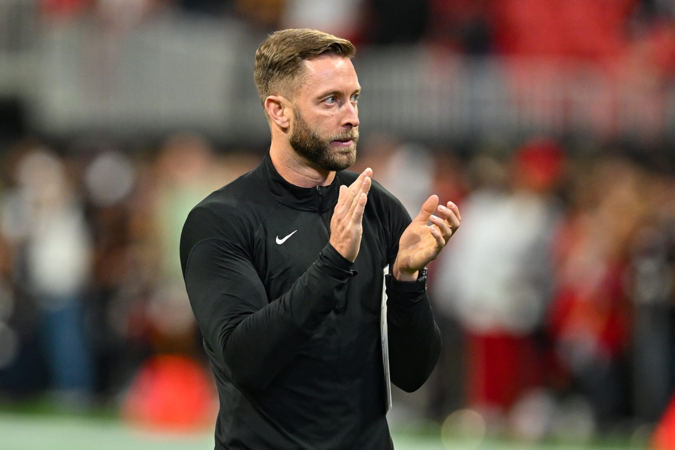 ATLANTA, GA  JANUARY 01:  Arizona head coach Kliff Kingsbury prior to the start of the NFL game between the Arizona Cardinals and the Atlanta Falcons on January 1st, 2023 at Mercedes-Benz Stadium in Atlanta, GA.  (Photo by Rich von Biberstein/Icon Sportswire via Getty Images)