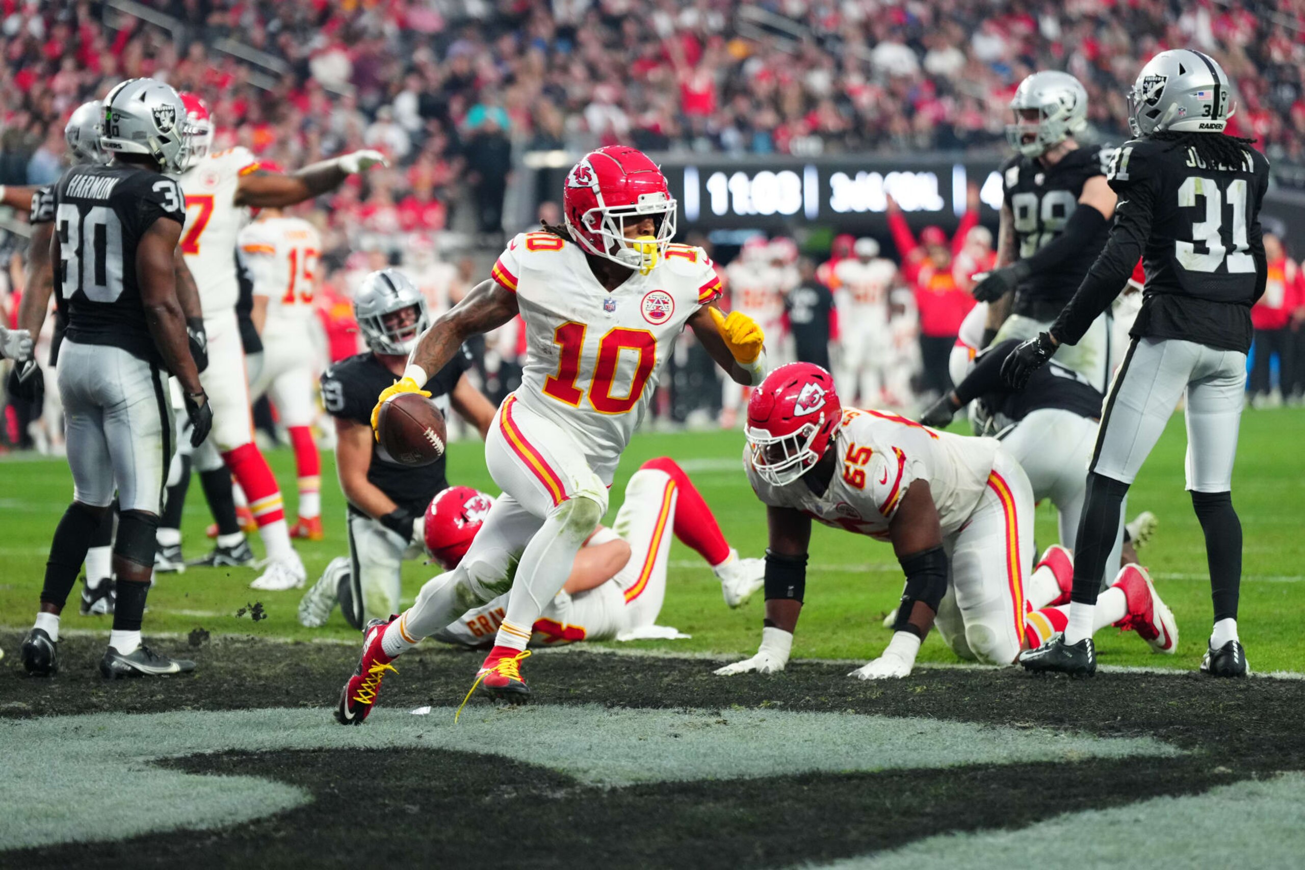LAS VEGAS, NEVADA - JANUARY 07: Running back Isiah Pacheco #10 of the Kansas City Chiefs celebrates after scoring a rushing touchdown against the Las Vegas Raiders during the fourth quarter at Allegiant Stadium on January 07, 2023 in Las Vegas, Nevada. (Photo by Jeff Bottari/Getty Images)