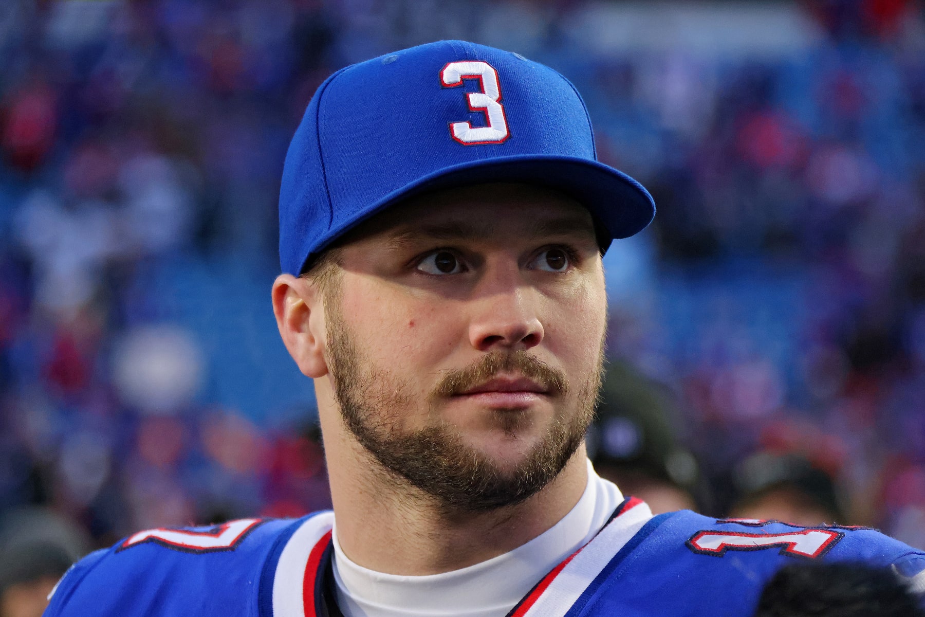 ORCHARD PARK, NEW YORK - JANUARY 08: Josh Allen #17 of the Buffalo Bills looks on after Buffalo's 35-23 win against the New England Patriots at Highmark Stadium on January 08, 2023 in Orchard Park, New York. (Photo by Timothy T Ludwig/Getty Images)