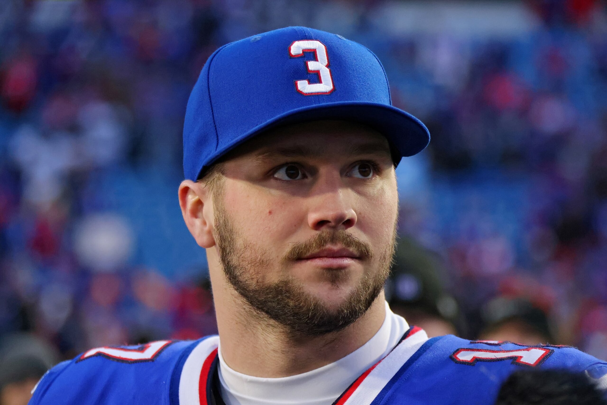 ORCHARD PARK, NEW YORK - JANUARY 08: Josh Allen #17 of the Buffalo Bills looks on after Buffalo's 35-23 win against the New England Patriots at Highmark Stadium on January 08, 2023 in Orchard Park, New York. (Photo by Timothy T Ludwig/Getty Images)