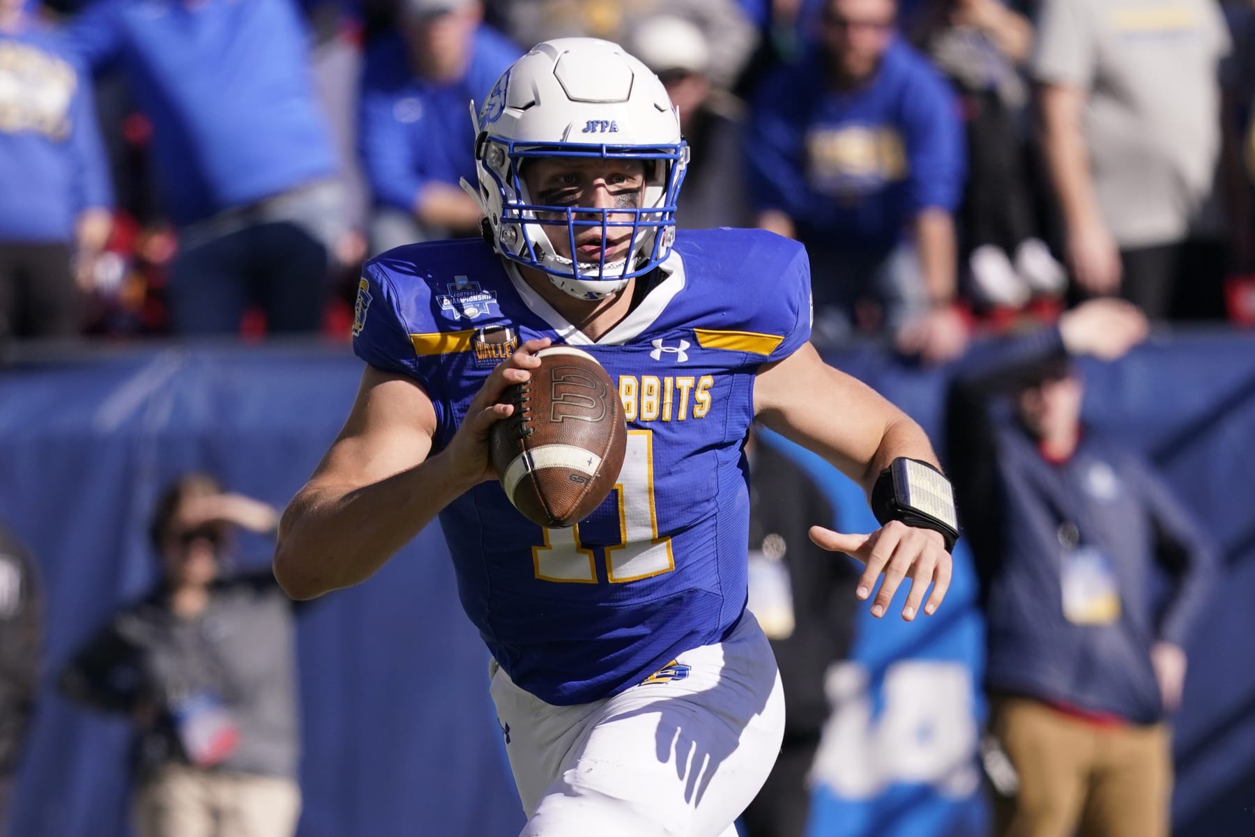 South Dakota State quarterback Mark Gronowski (11) looks to pass during the first half of the FCS Championship NCAA college football game against the North Dakota, Sunday, Jan. 8, 2023, in Frisco, Texas. (AP Photo/LM Otero)